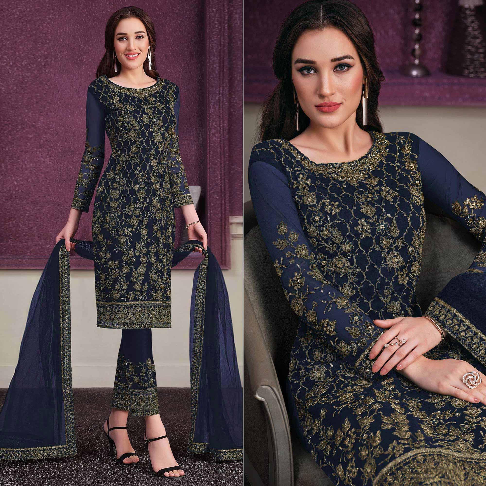 Navy Blue Embroidered Netted Suit - Peachmode