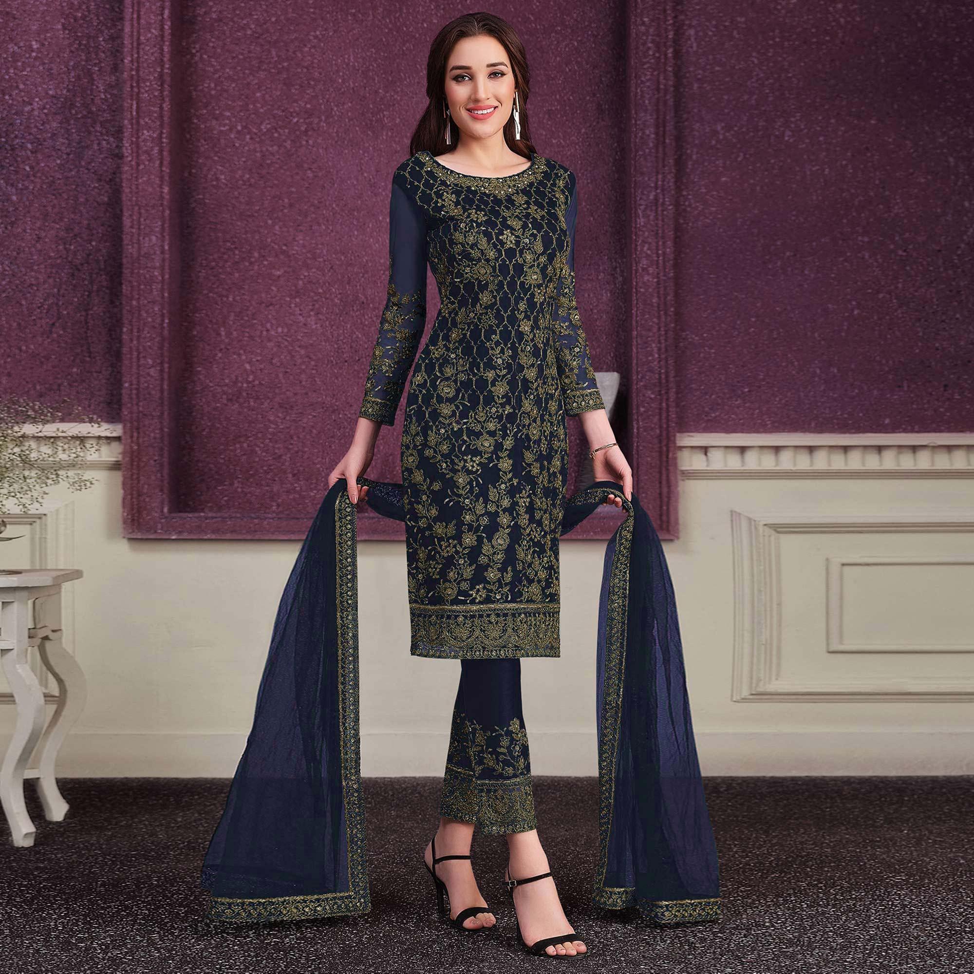Navy Blue Embroidered Netted Suit - Peachmode