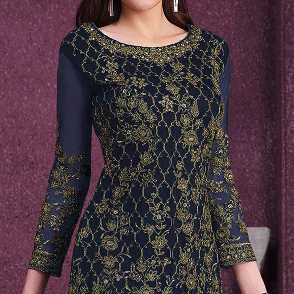 Navy Blue Embroidered Netted Suit - Peachmode