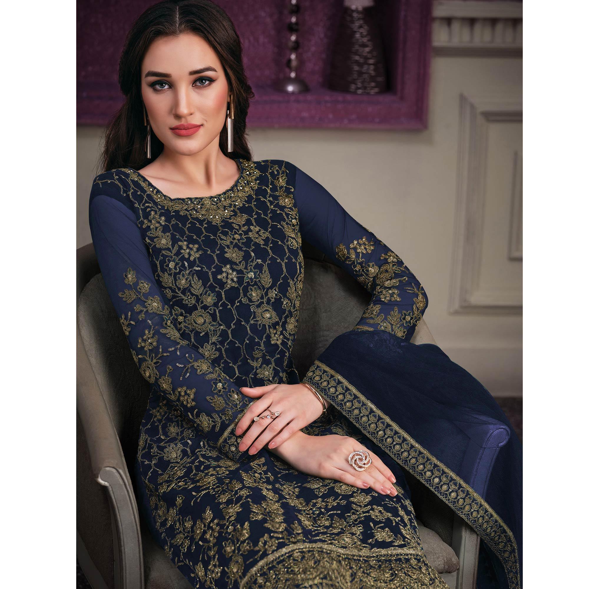 Navy Blue Embroidered Netted Suit - Peachmode