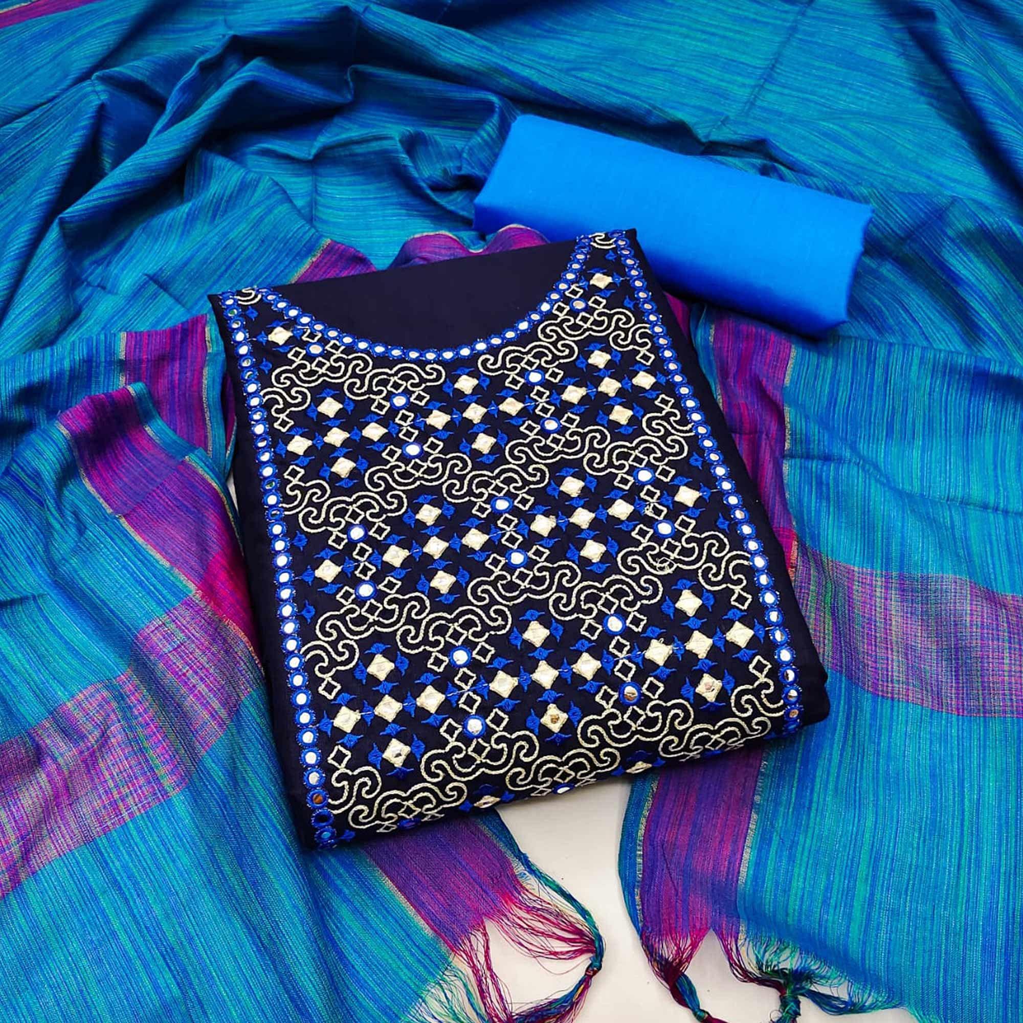 Navy Blue Embroidered Pure Cotton Dress Material - Peachmode