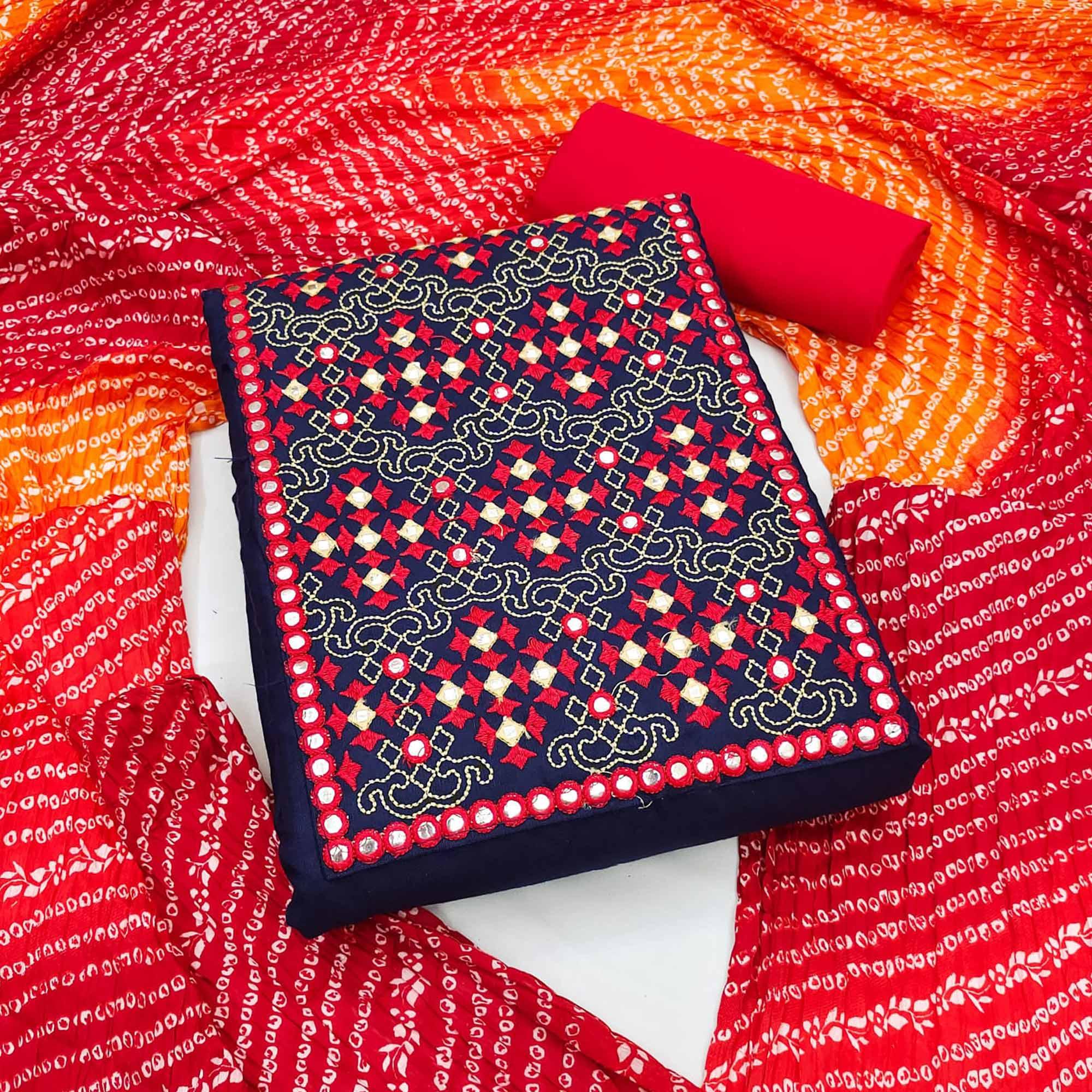 Navy Blue Embroidered Pure Cotton Dress Material - Peachmode