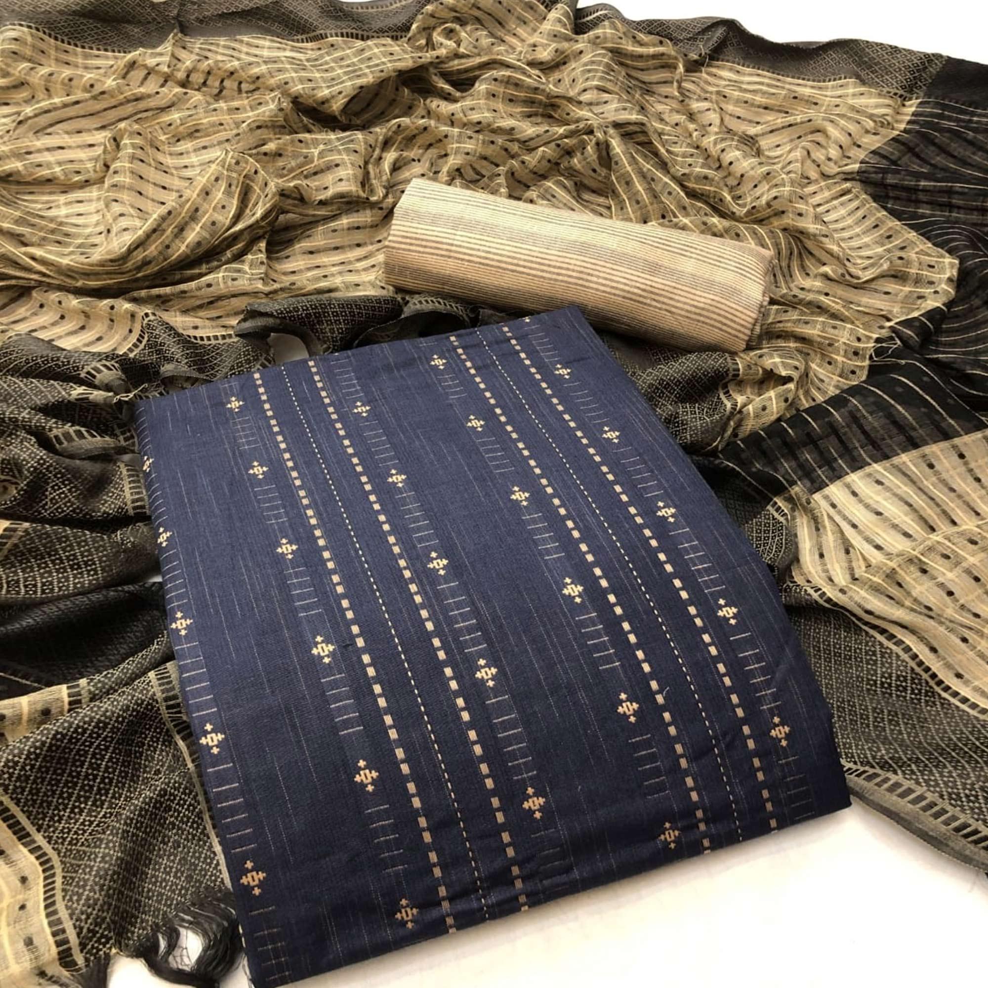 Navy Blue Embroidered Pure Cotton Dress Material - Peachmode