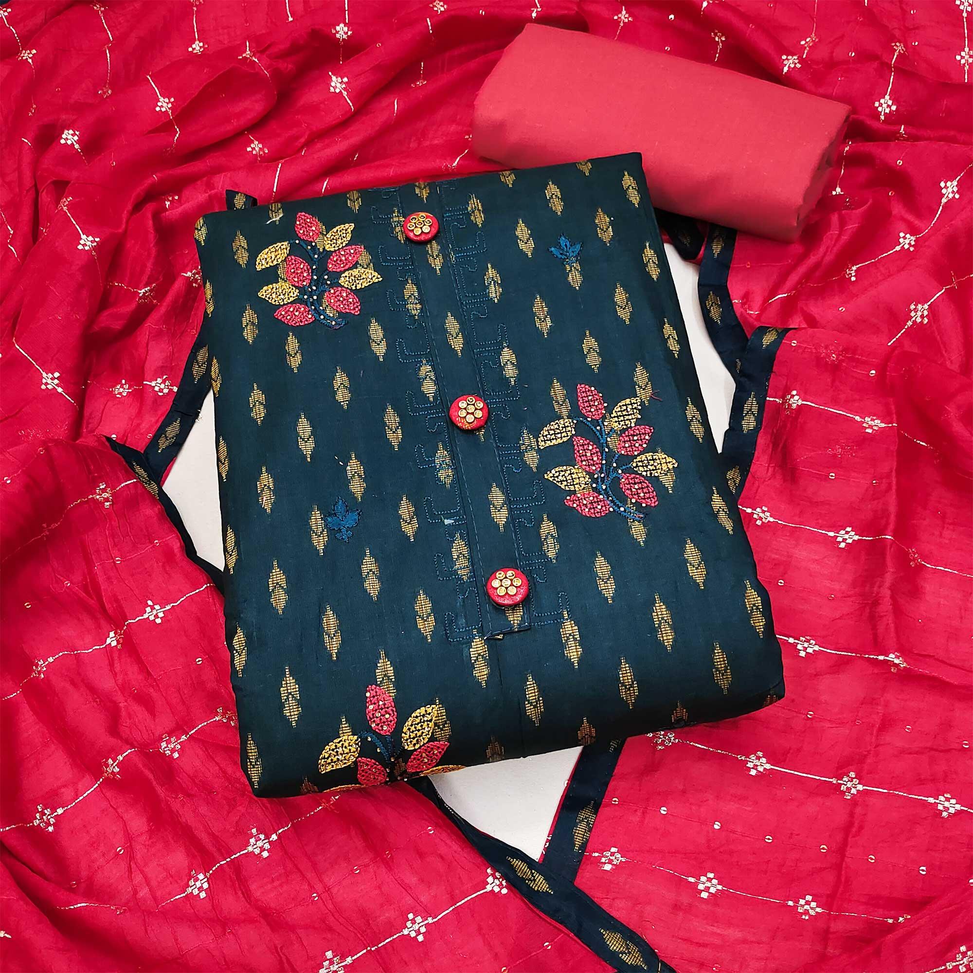 Navy Blue Embroidered Pure Cotton Dress Material - Peachmode