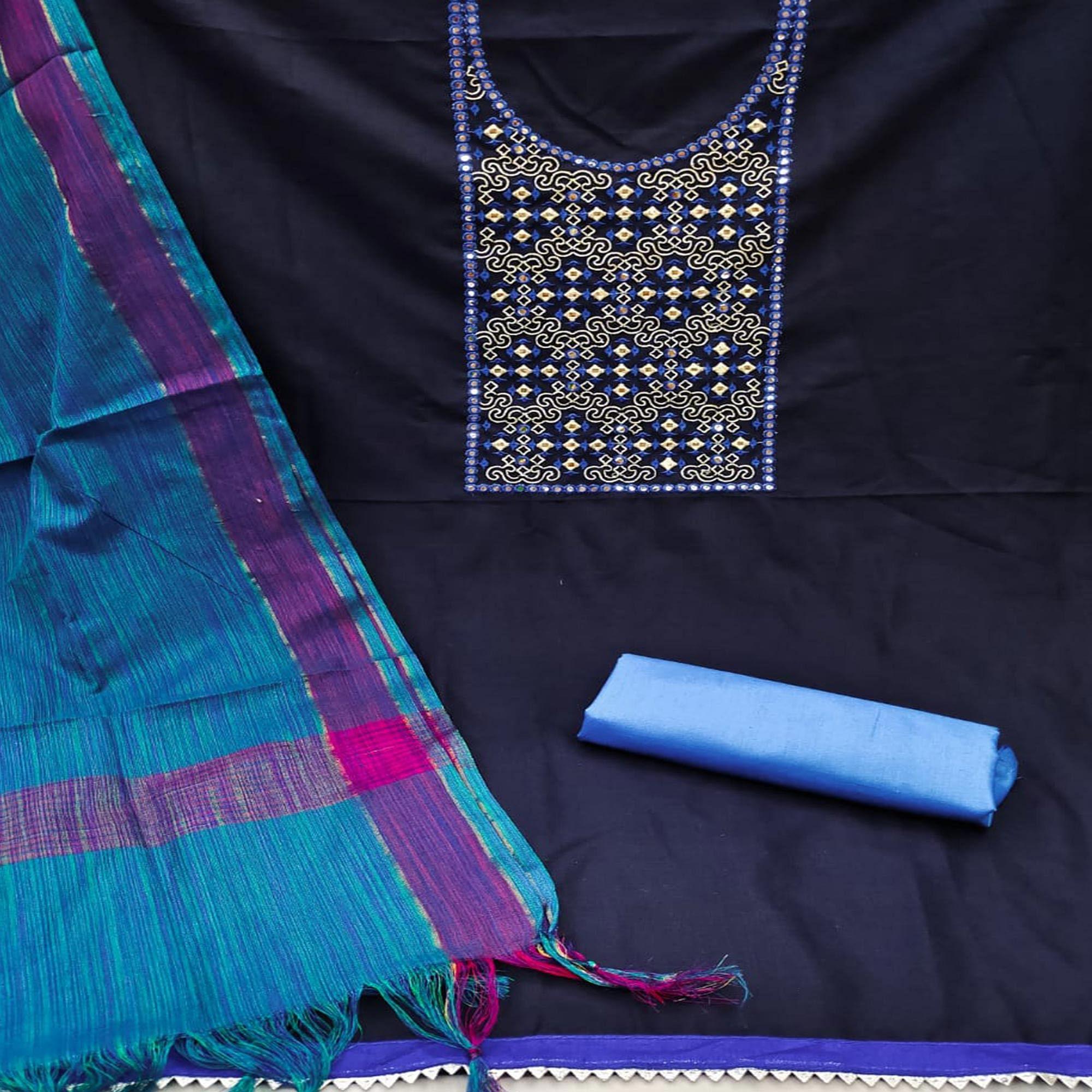 Navy Blue Embroidered Pure Cotton Dress Material - Peachmode