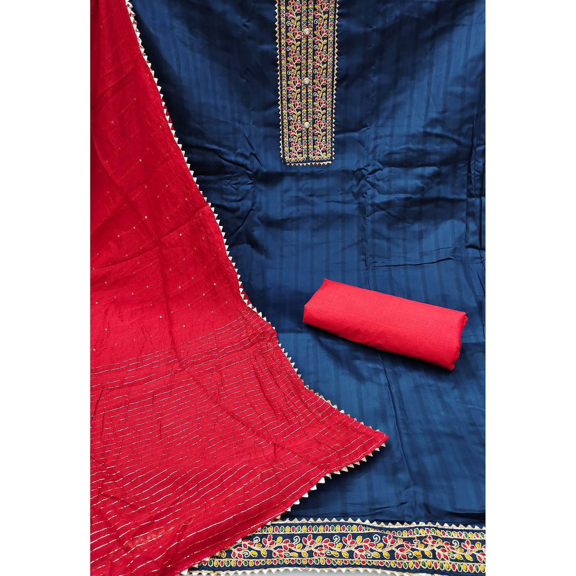 Navy Blue Embroidered Pure Cotton Dress Material - Peachmode