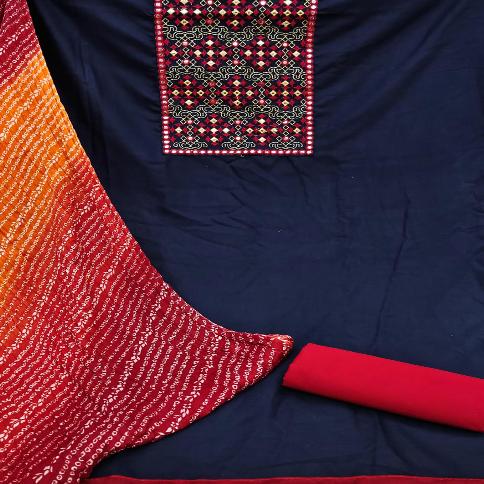 Navy Blue Embroidered Pure Cotton Dress Material - Peachmode
