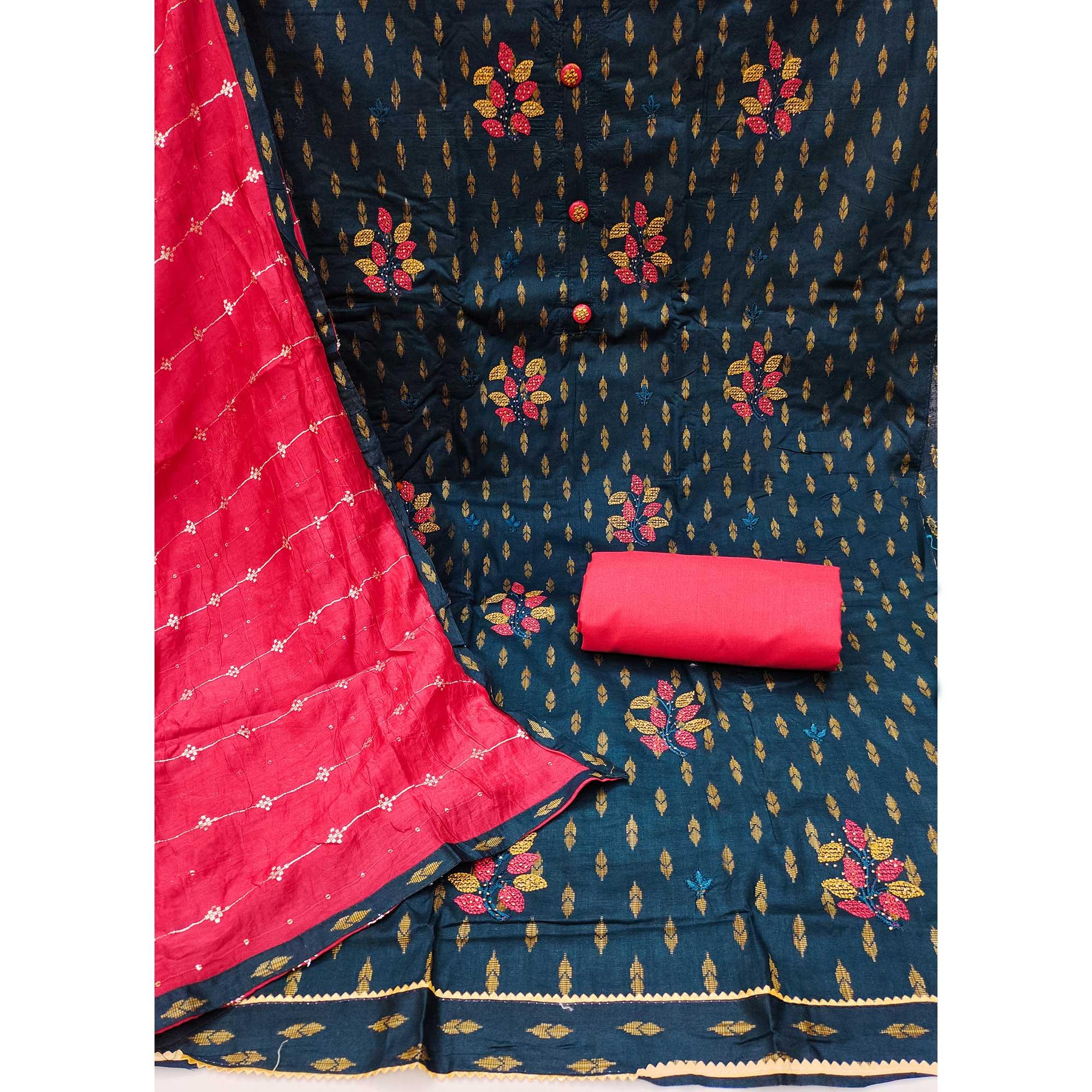 Navy Blue Embroidered Pure Cotton Dress Material - Peachmode