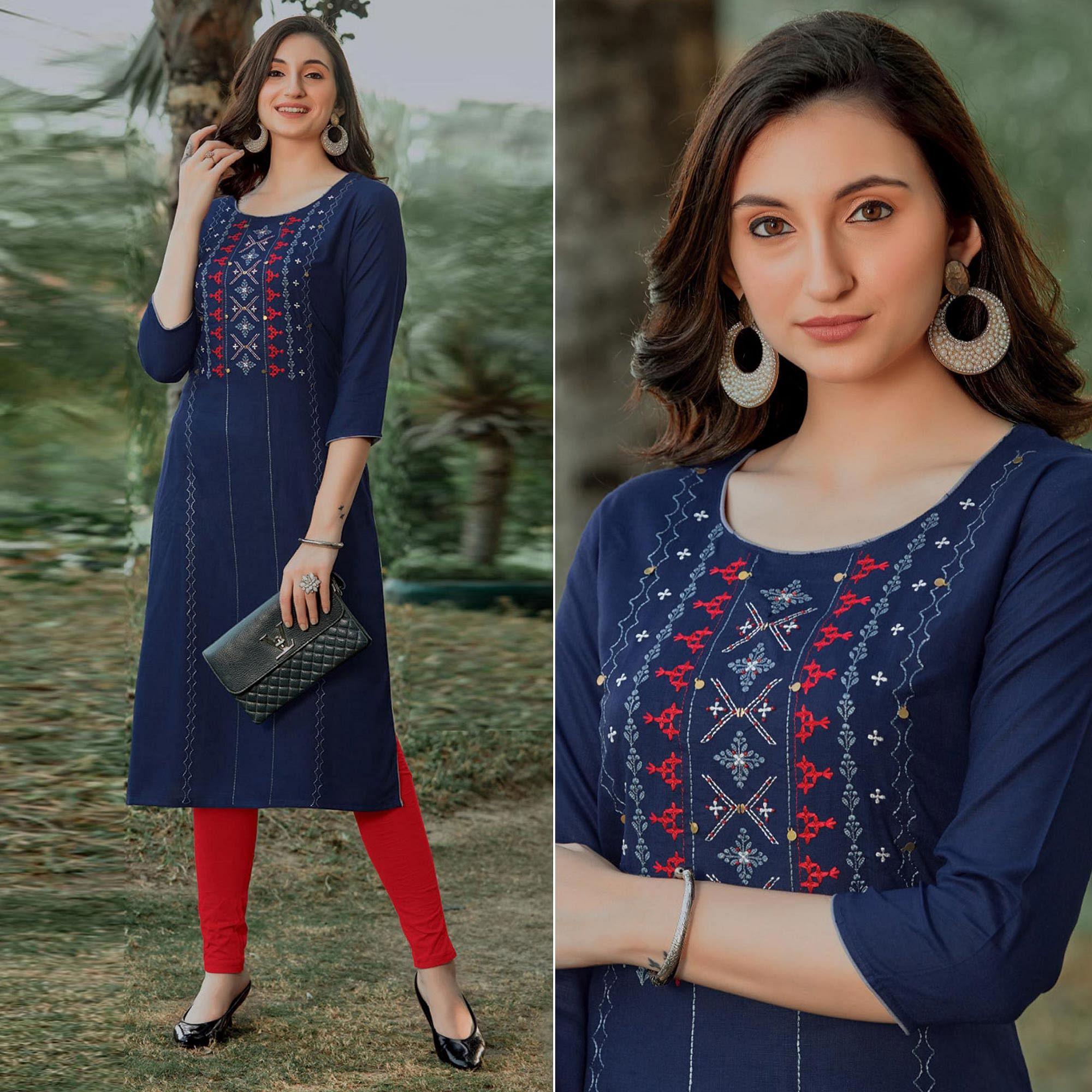 Navy Blue Embroidered Pure Cotton Kurti - Peachmode