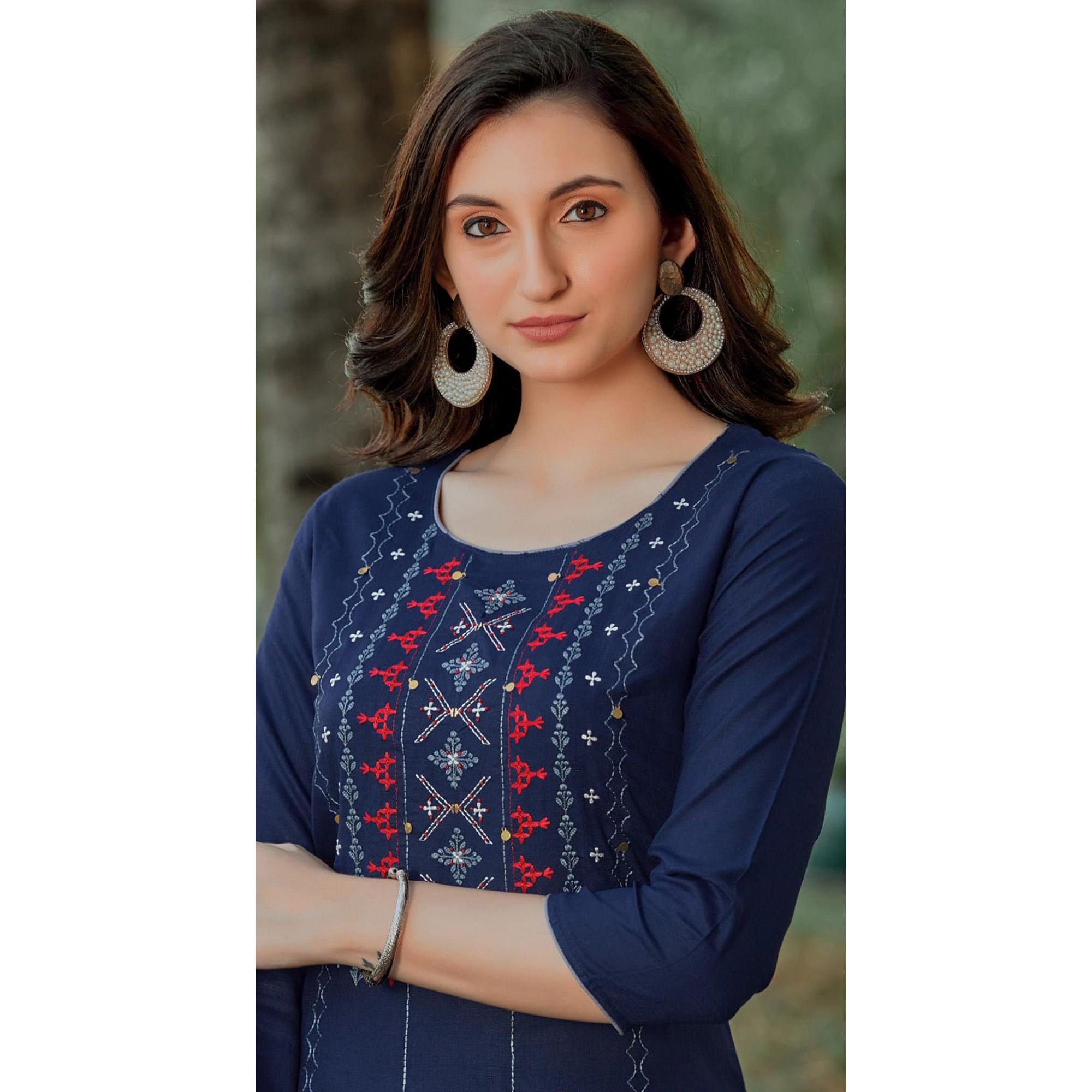 Navy Blue Embroidered Pure Cotton Kurti - Peachmode