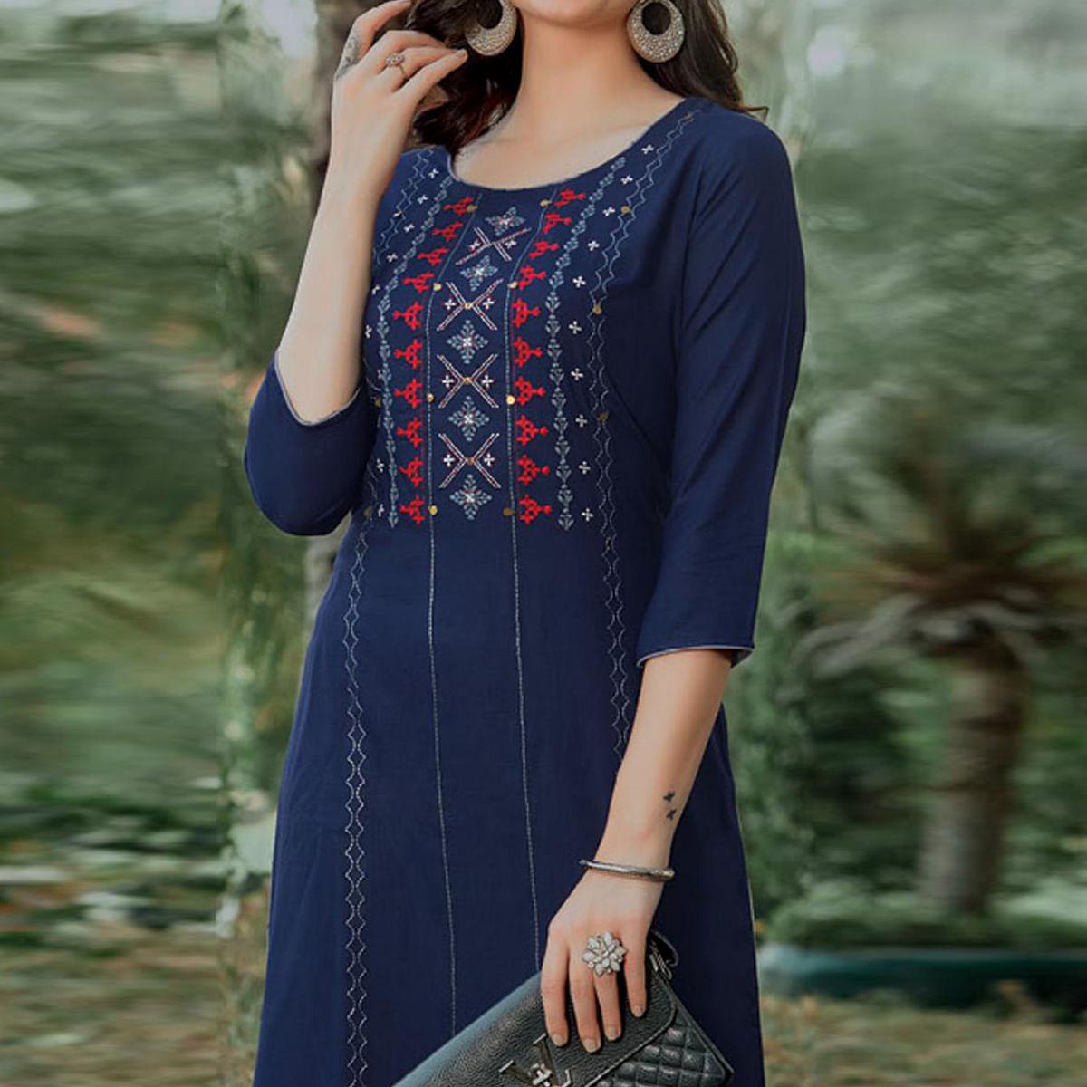 Navy Blue Embroidered Pure Cotton Kurti - Peachmode