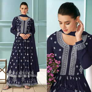 Navy Blue Embroidered Rayon Kurti Palazzo Suit - Peachmode
