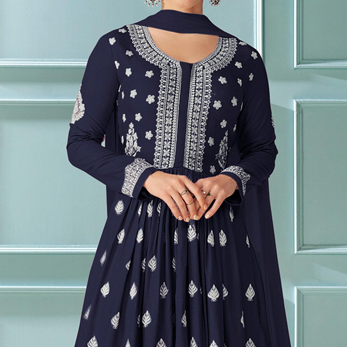 Navy Blue Embroidered Rayon Kurti Palazzo Suit - Peachmode