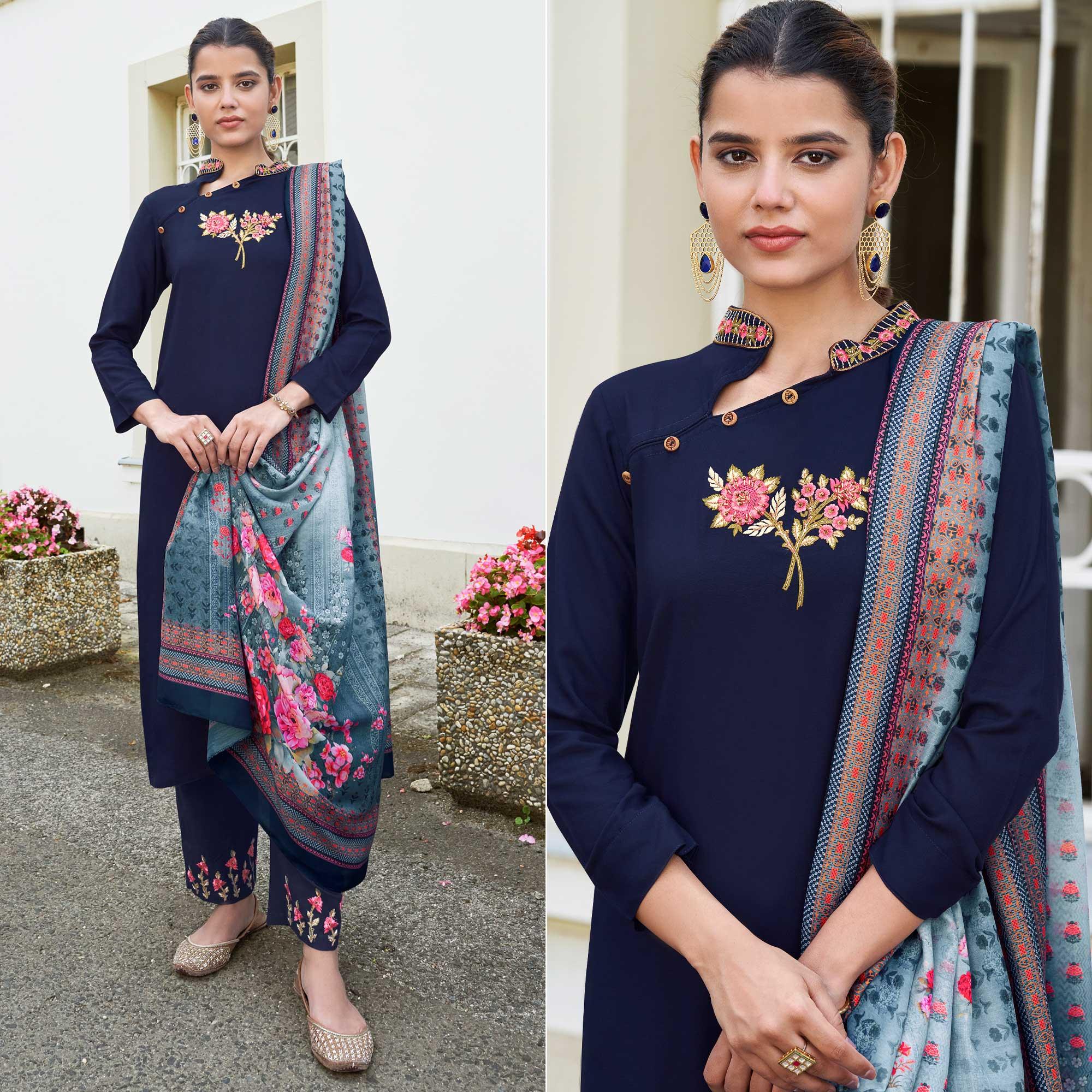 Navy Blue Embroidered Rayon Kurti Pant Set With Dupatta - Peachmode