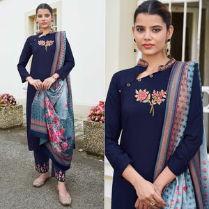 Navy Blue Embroidered Rayon Kurti Pant Set With Dupatta - Peachmode