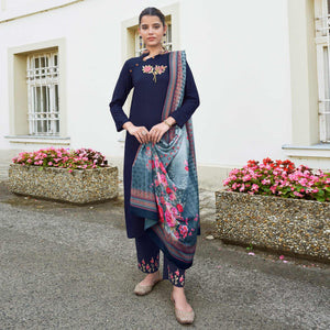 Navy Blue Embroidered Rayon Kurti Pant Set With Dupatta - Peachmode