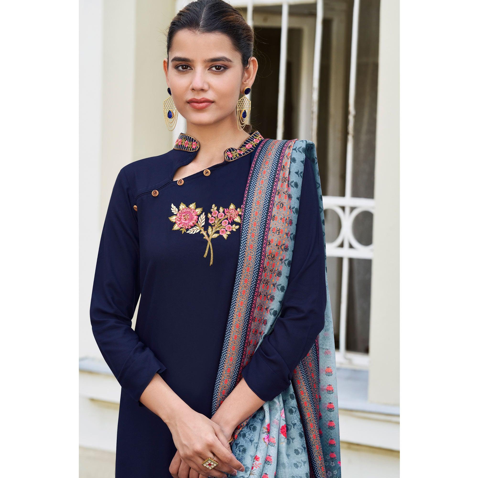 Navy Blue Embroidered Rayon Kurti Pant Set With Dupatta - Peachmode