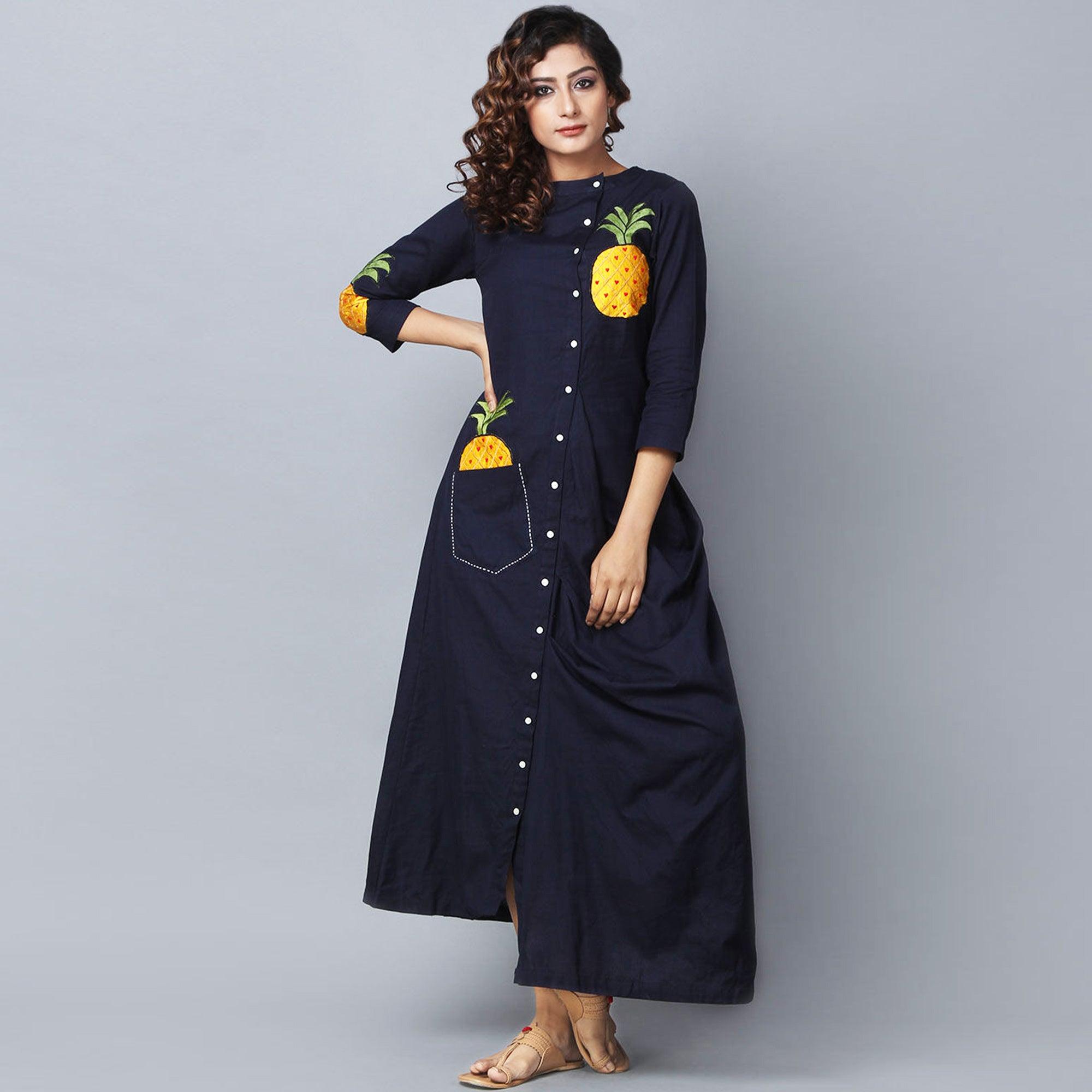 Navy Blue Embroidered Rayon Kurti - Peachmode