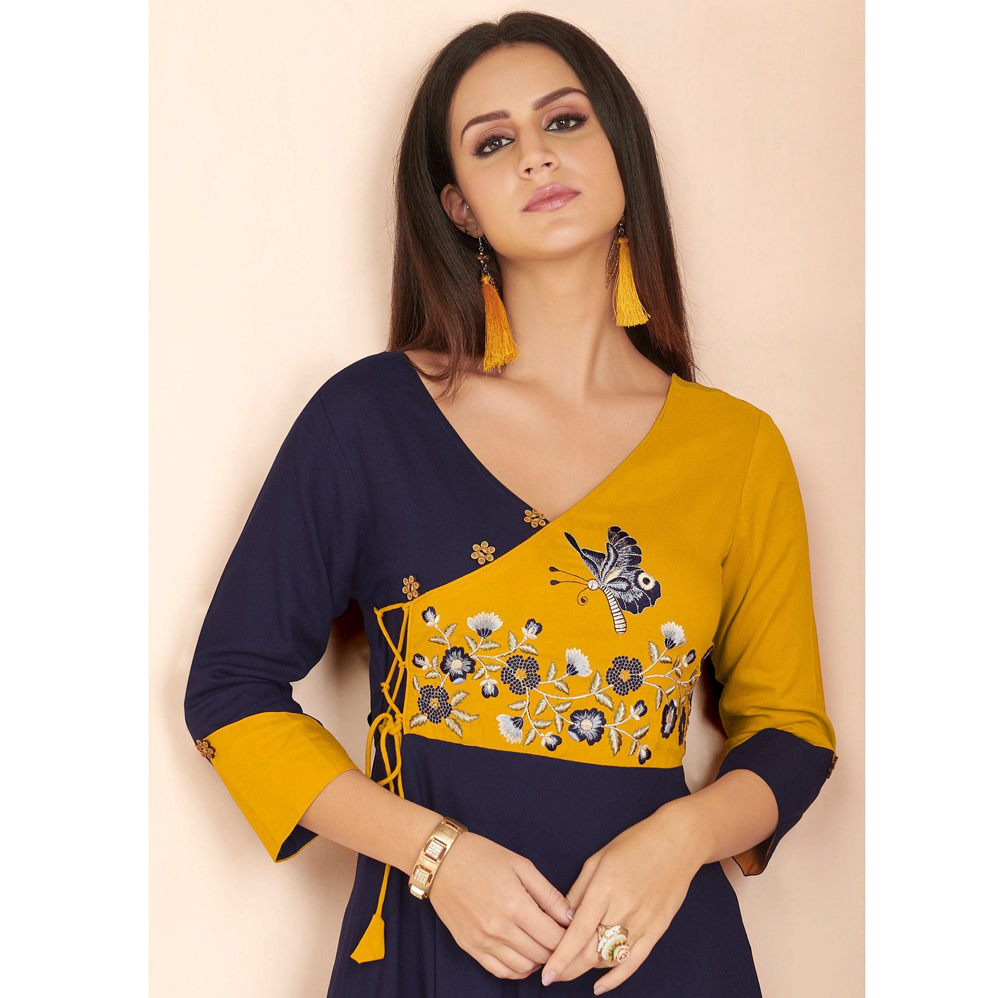 Navy Blue Embroidered Rayon Long Kurti - Peachmode