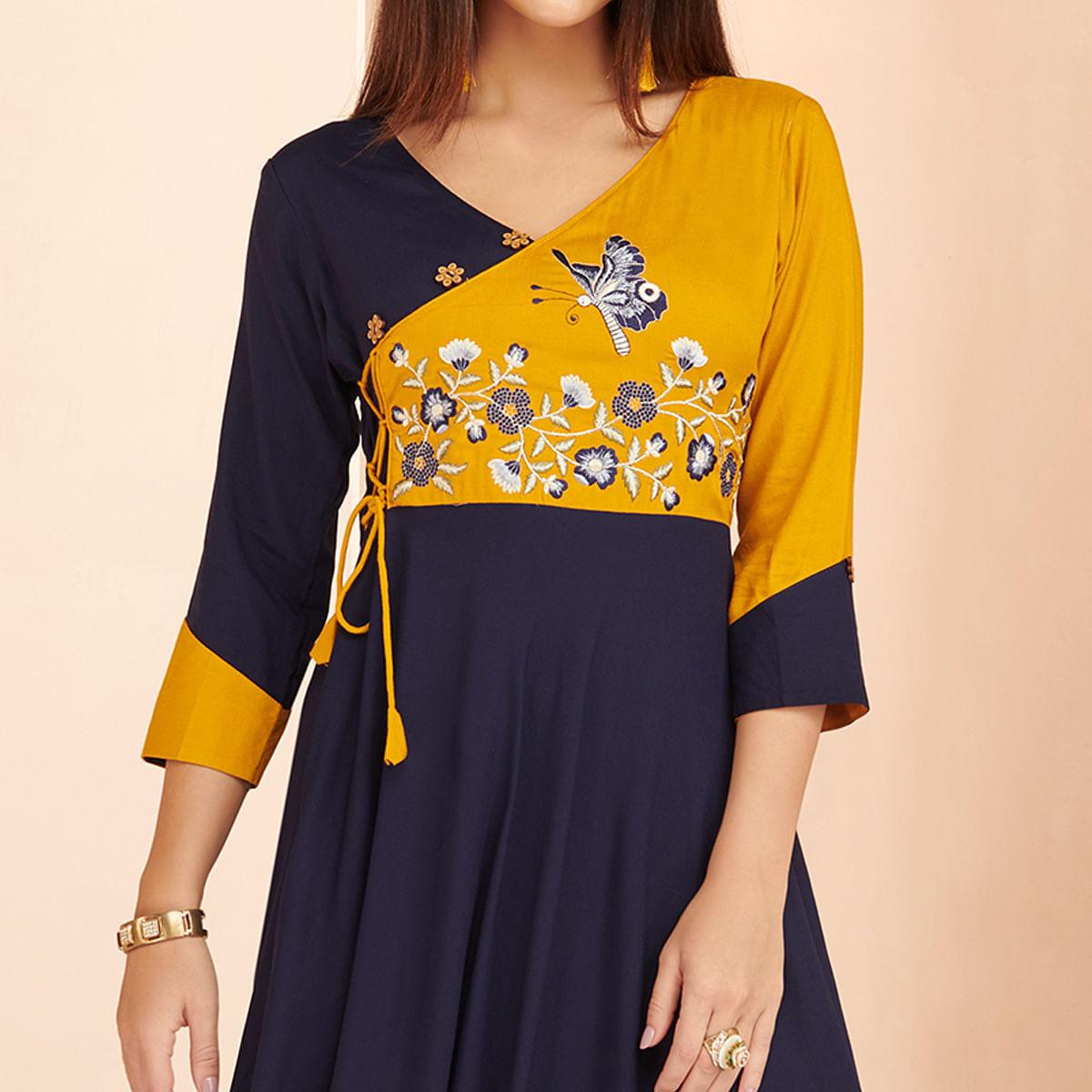 Navy Blue Embroidered Rayon Long Kurti - Peachmode