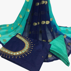 Navy Blue Embroidered Santoon Dress Material - Peachmode