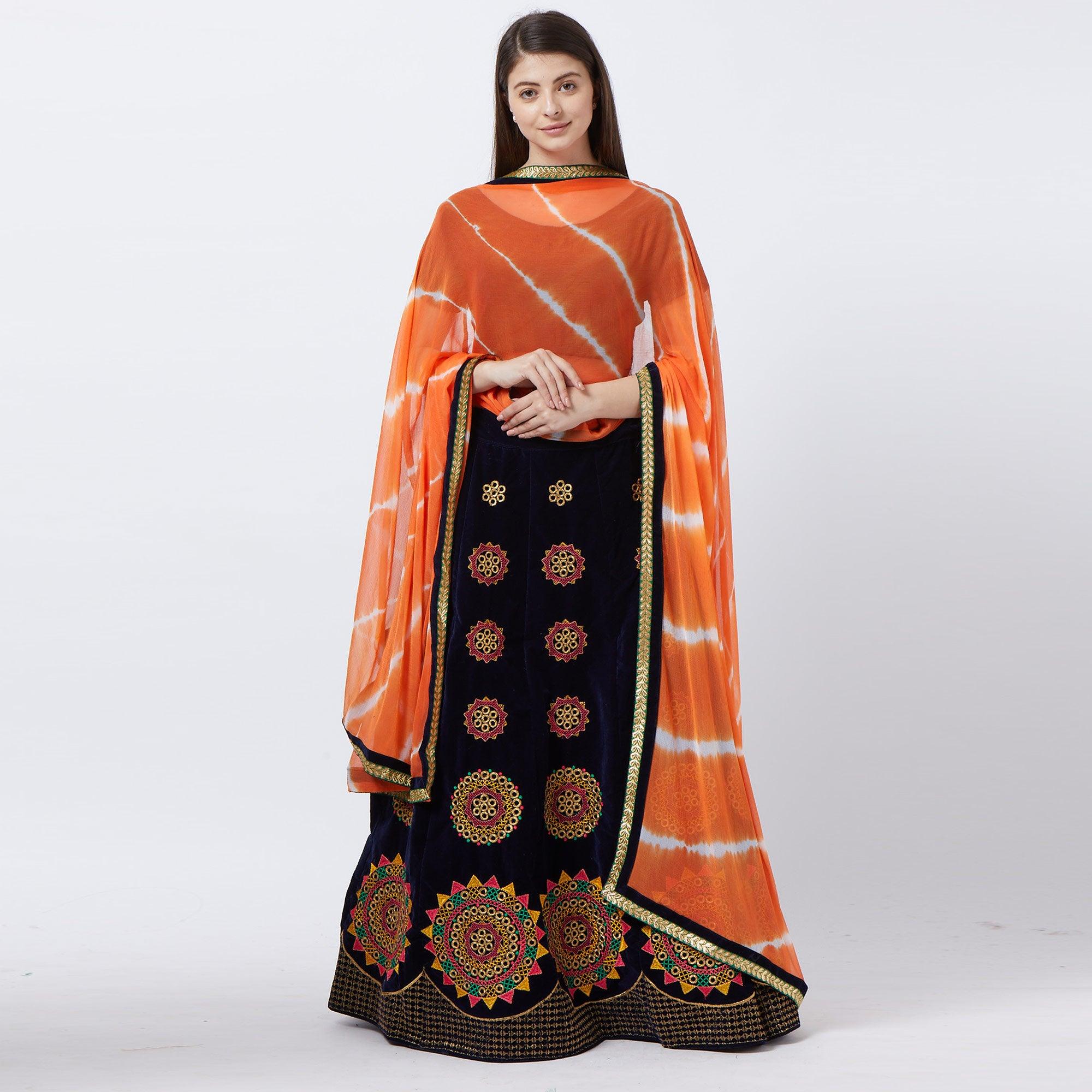 Navy Blue  Embroidered Velvet Lehenga Choli - Peachmode