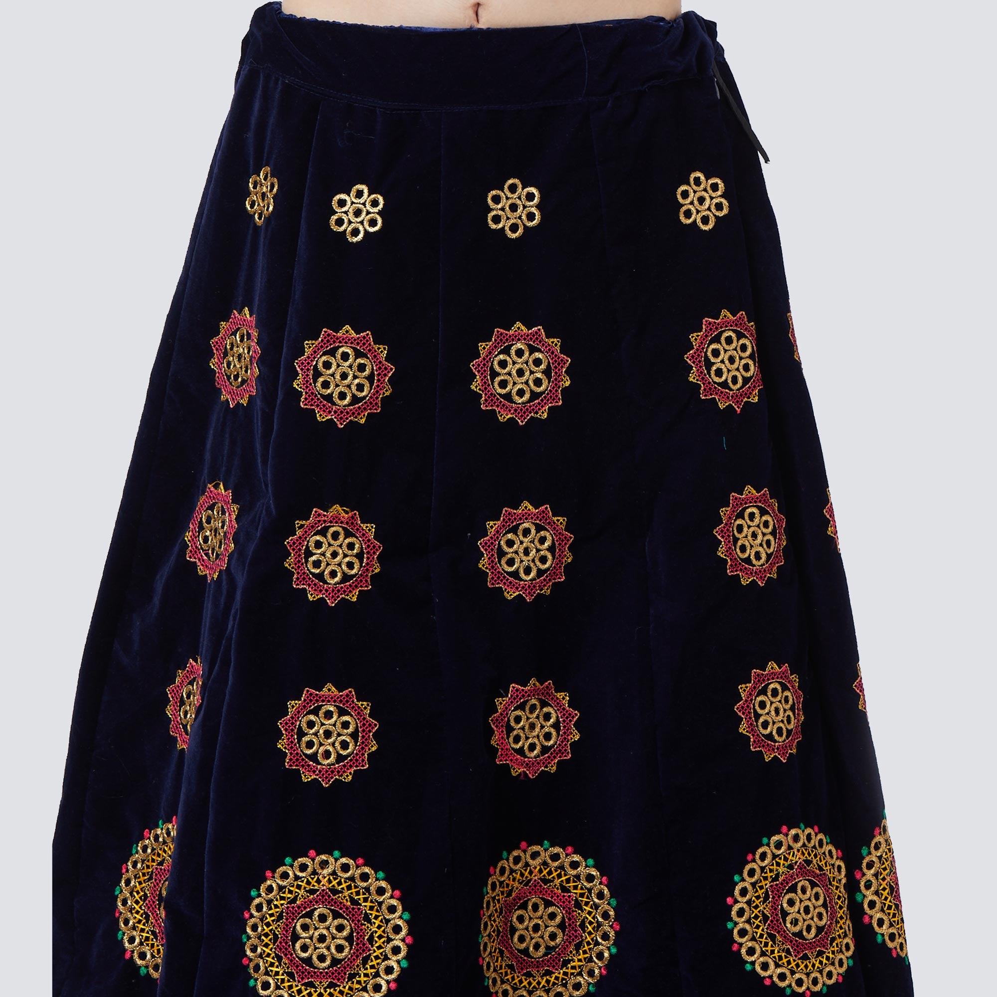 Navy Blue  Embroidered Velvet Lehenga Choli - Peachmode