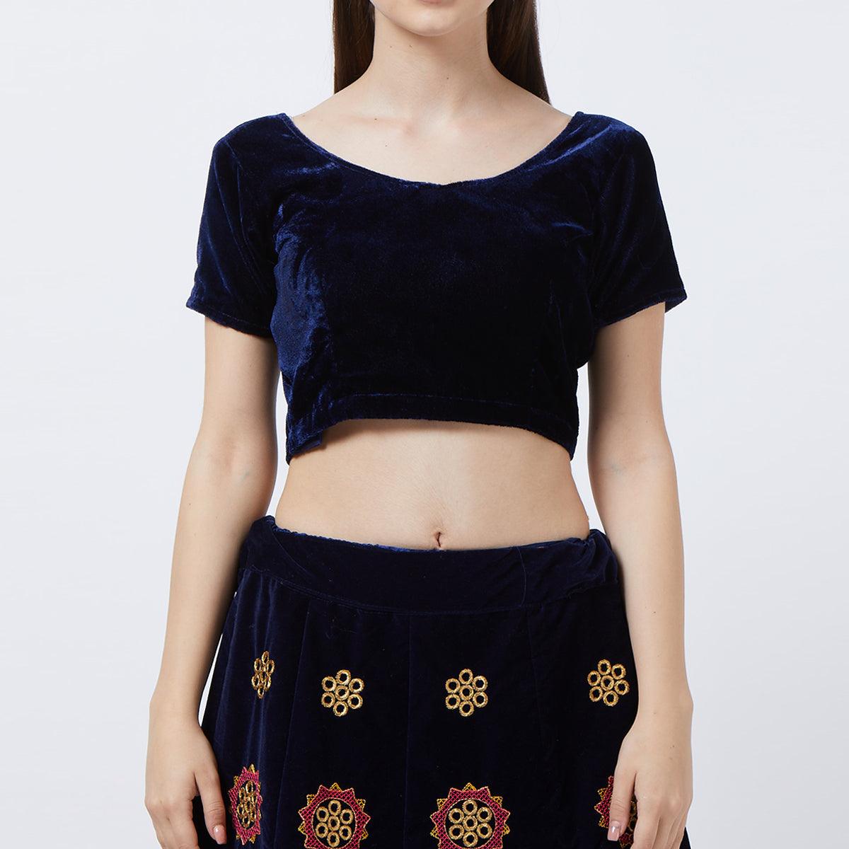 Navy Blue  Embroidered Velvet Lehenga Choli - Peachmode