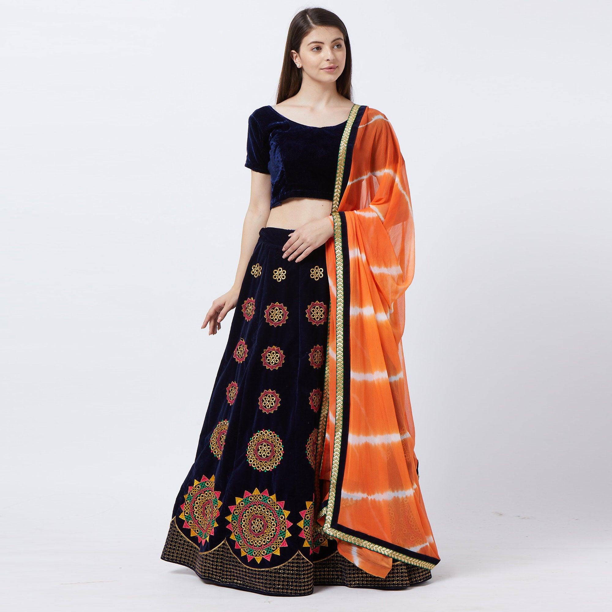 Navy Blue  Embroidered Velvet Lehenga Choli - Peachmode