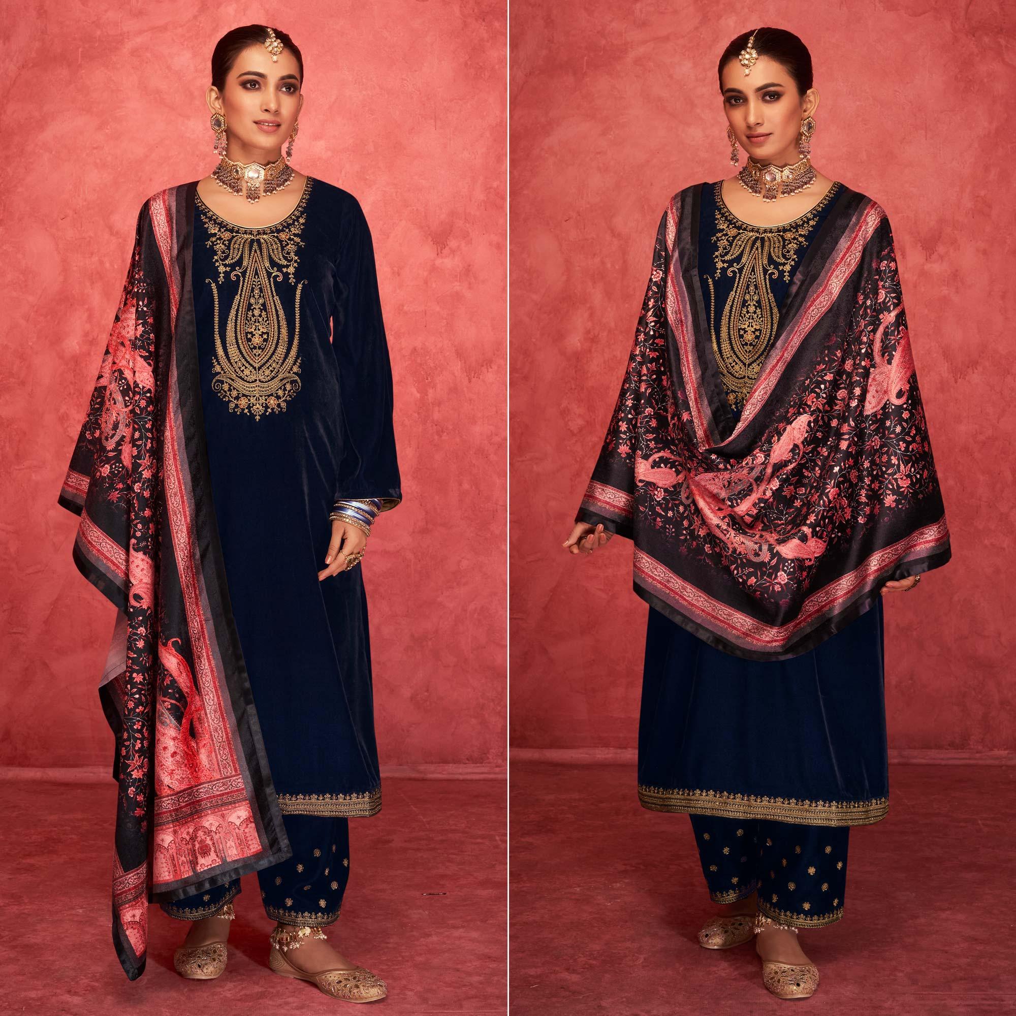 Navy Blue Embroidered Velvet Pakistani Suit - Peachmode