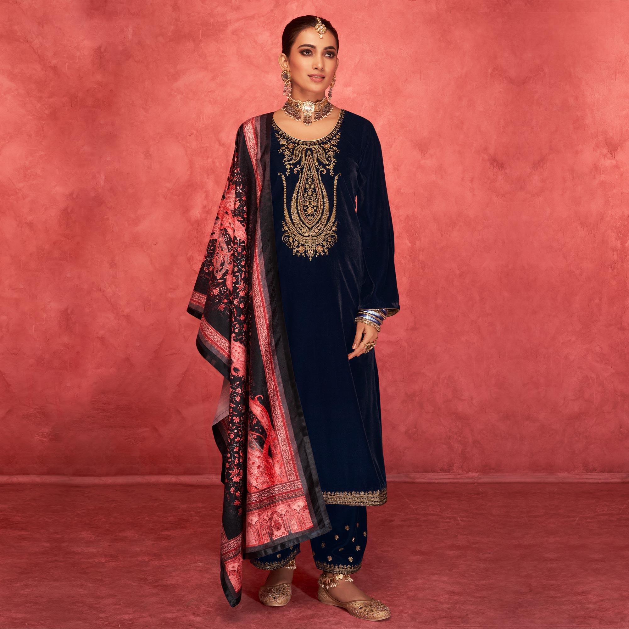 Navy Blue Embroidered Velvet Pakistani Suit - Peachmode