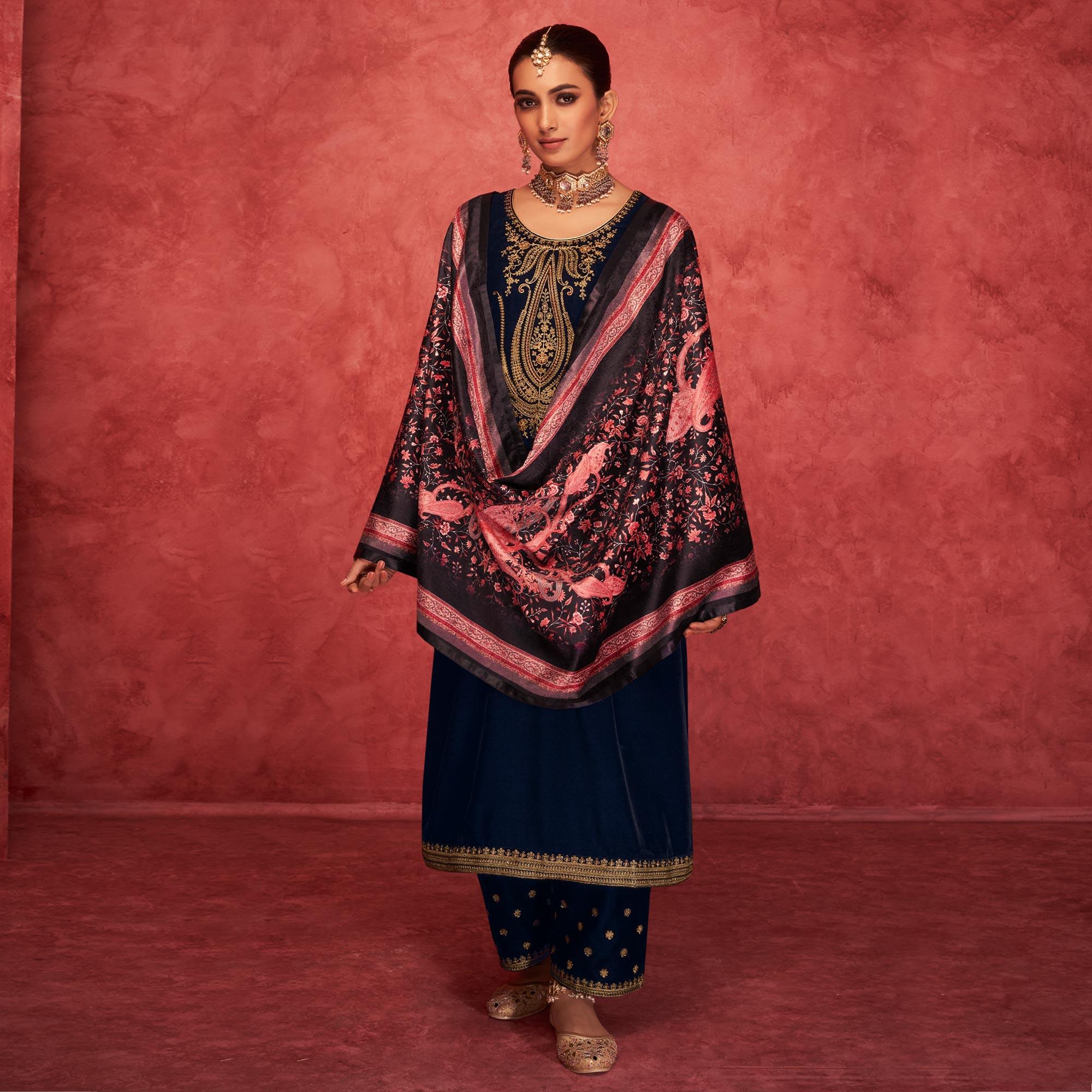 Navy Blue Embroidered Velvet Pakistani Suit - Peachmode