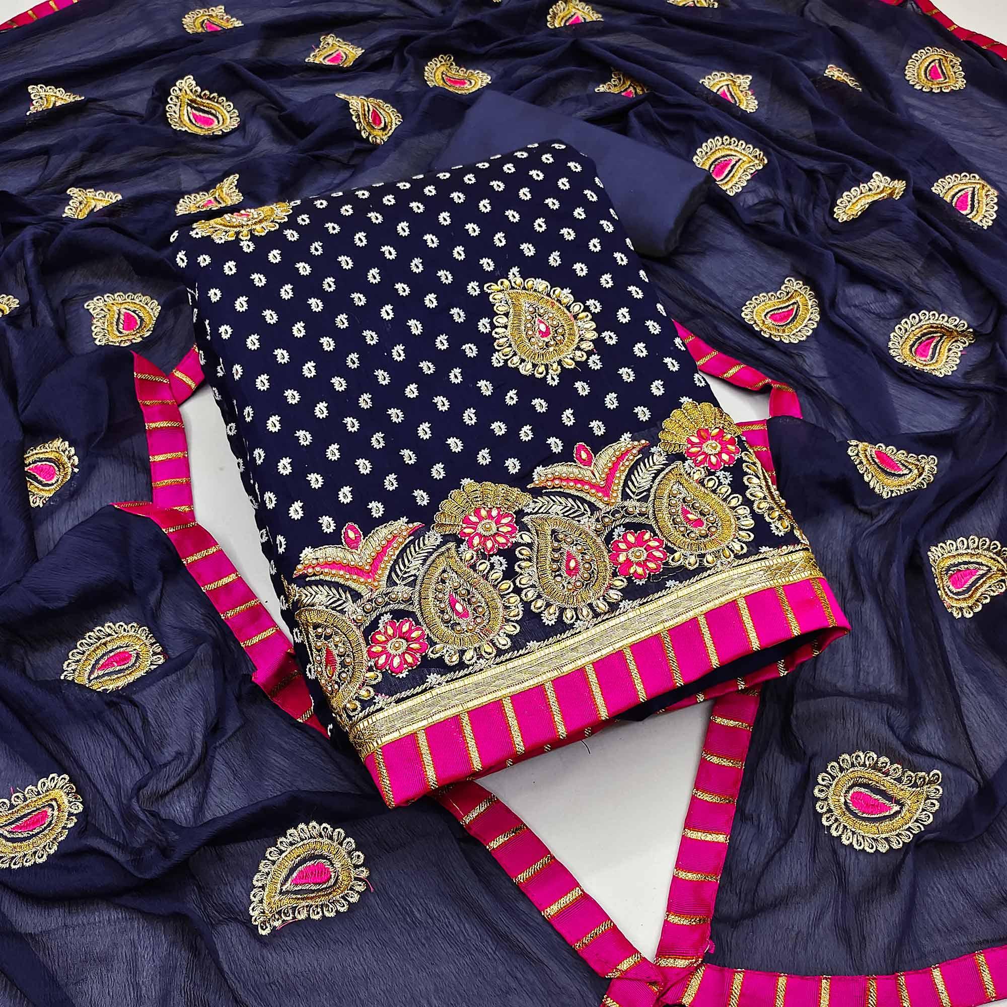 Navy Blue Embroidered With Embellished Chanderi Dress Material - Peachmode