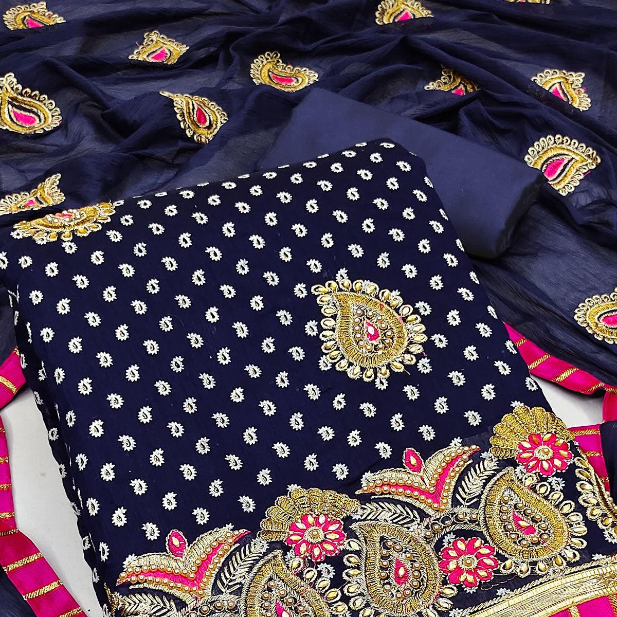 Navy Blue Embroidered With Embellished Chanderi Dress Material - Peachmode