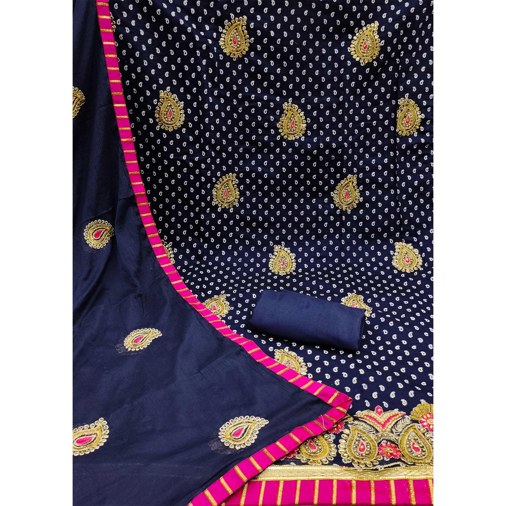 Navy Blue Embroidered With Embellished Chanderi Dress Material - Peachmode