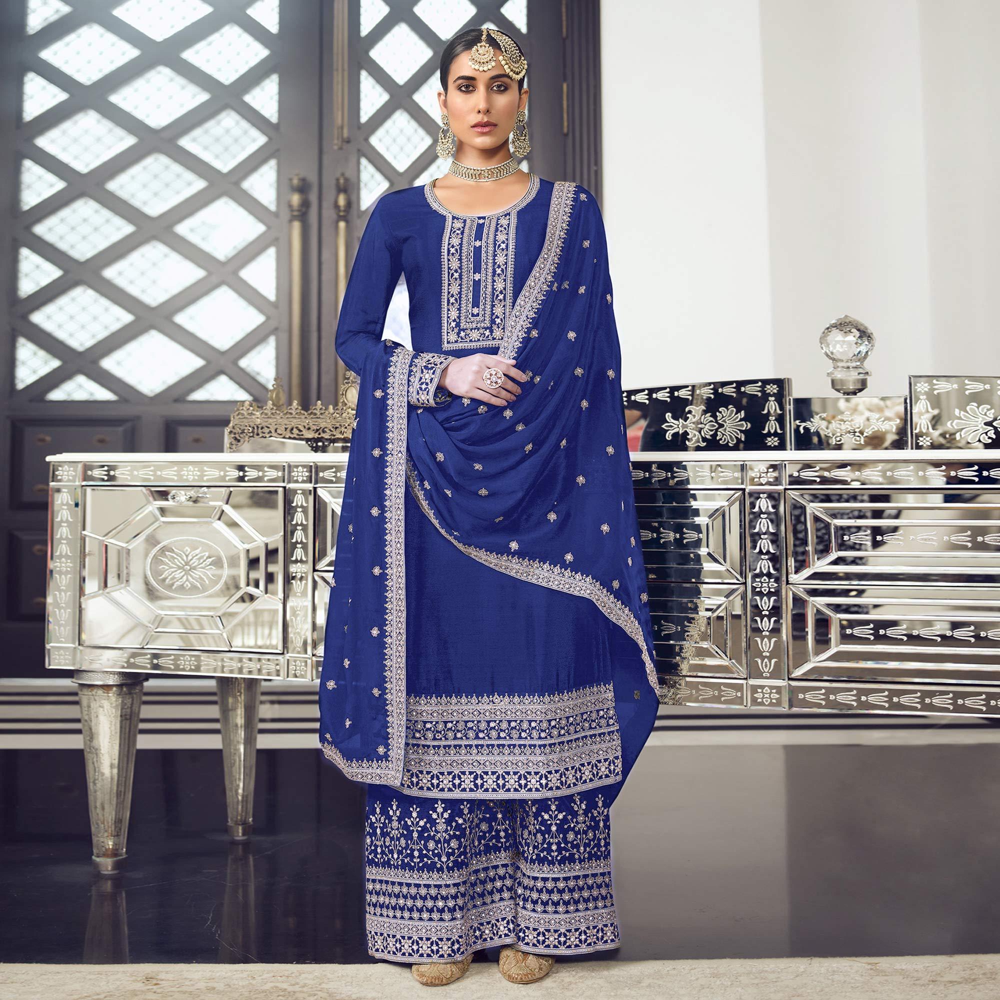 Navy Blue Embroidered With Embellished Dola Silk Palazzo Suit - Peachmode