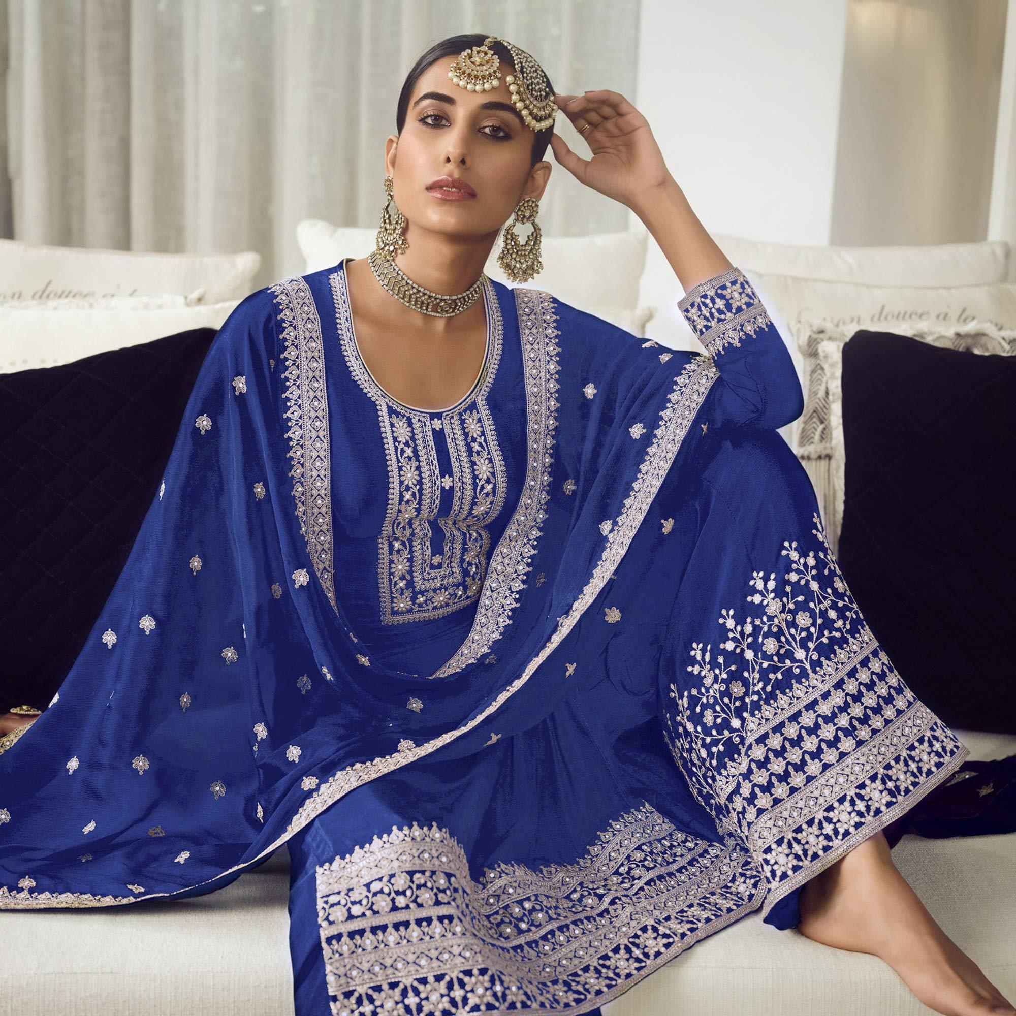Navy Blue Embroidered With Embellished Dola Silk Palazzo Suit - Peachmode