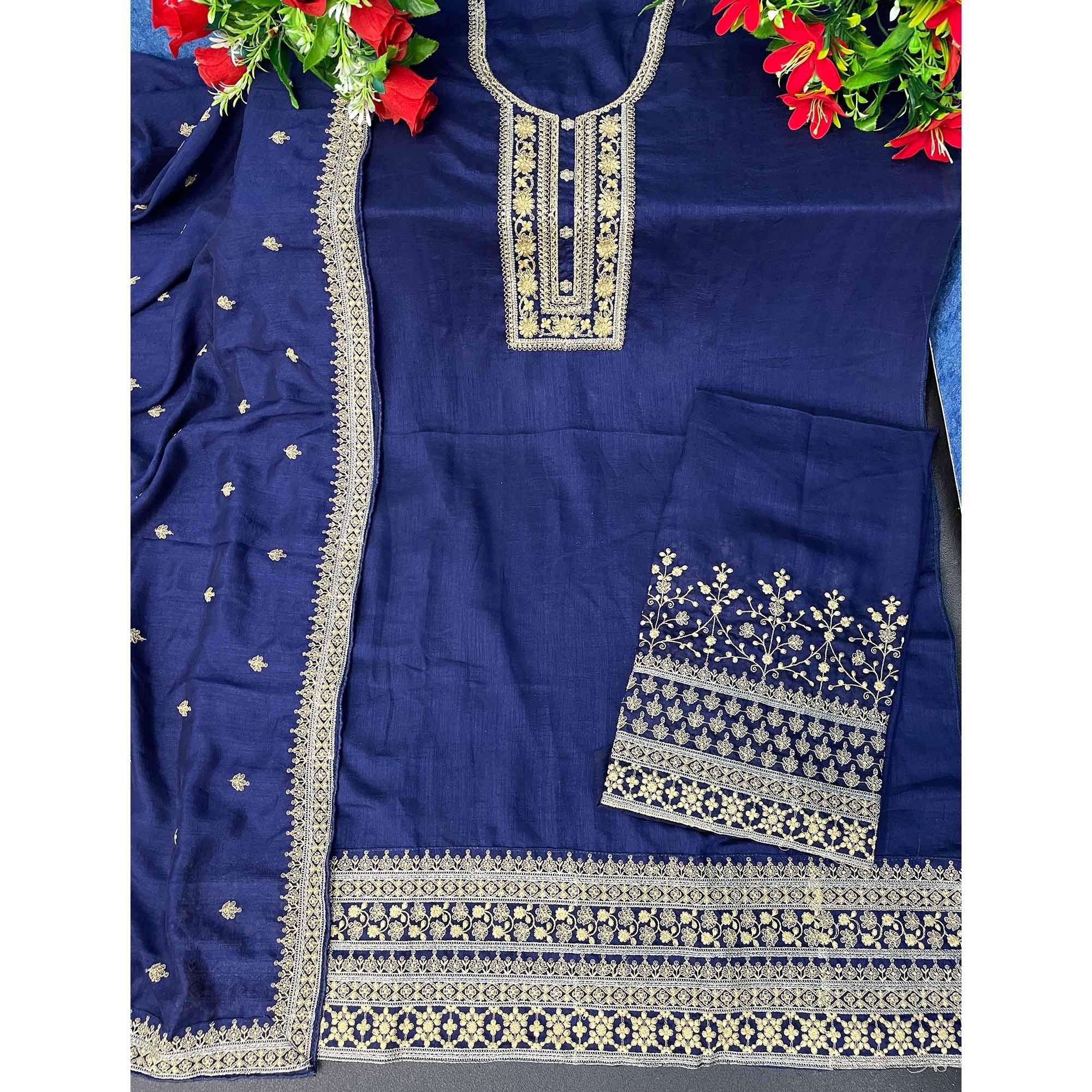 Navy Blue Embroidered With Embellished Dola Silk Palazzo Suit - Peachmode
