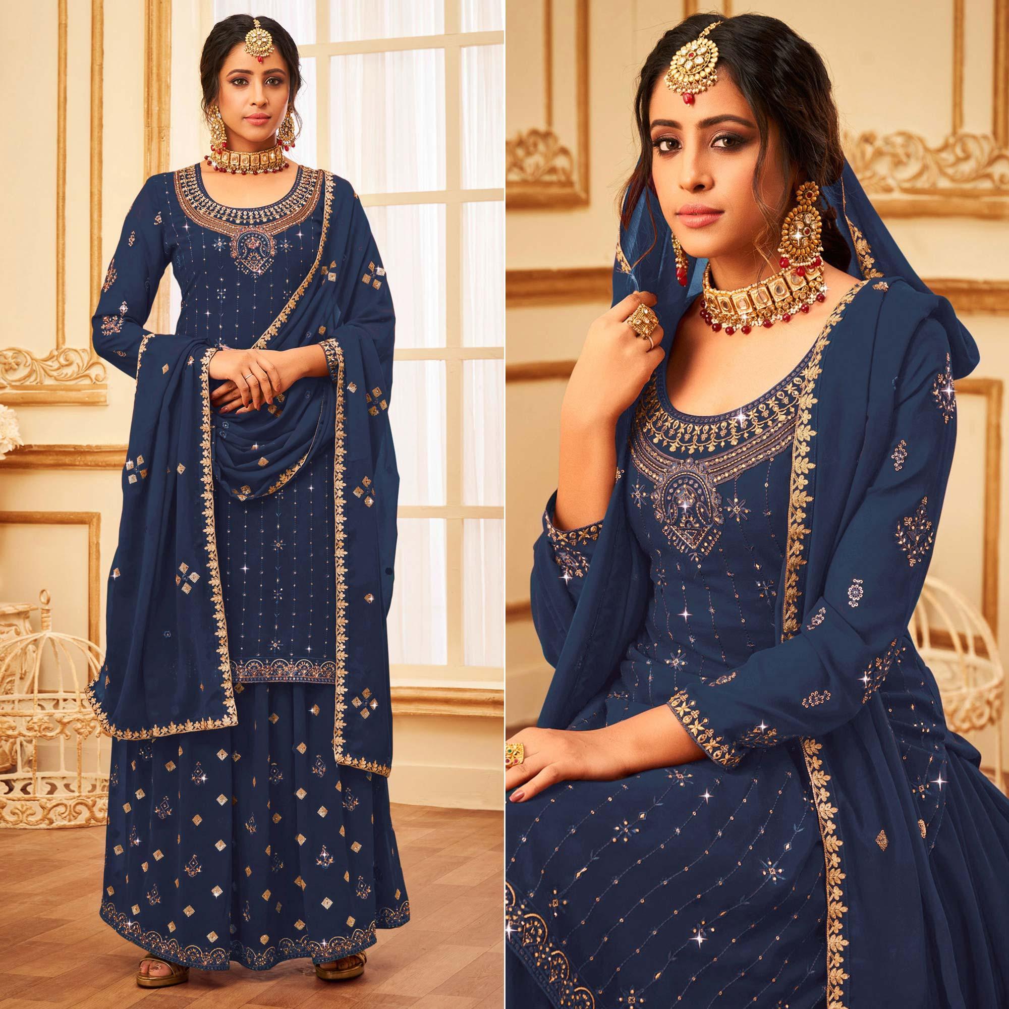 Navy Blue Embroidered With Embellished Georgette Palazzo Suit - Peachmode