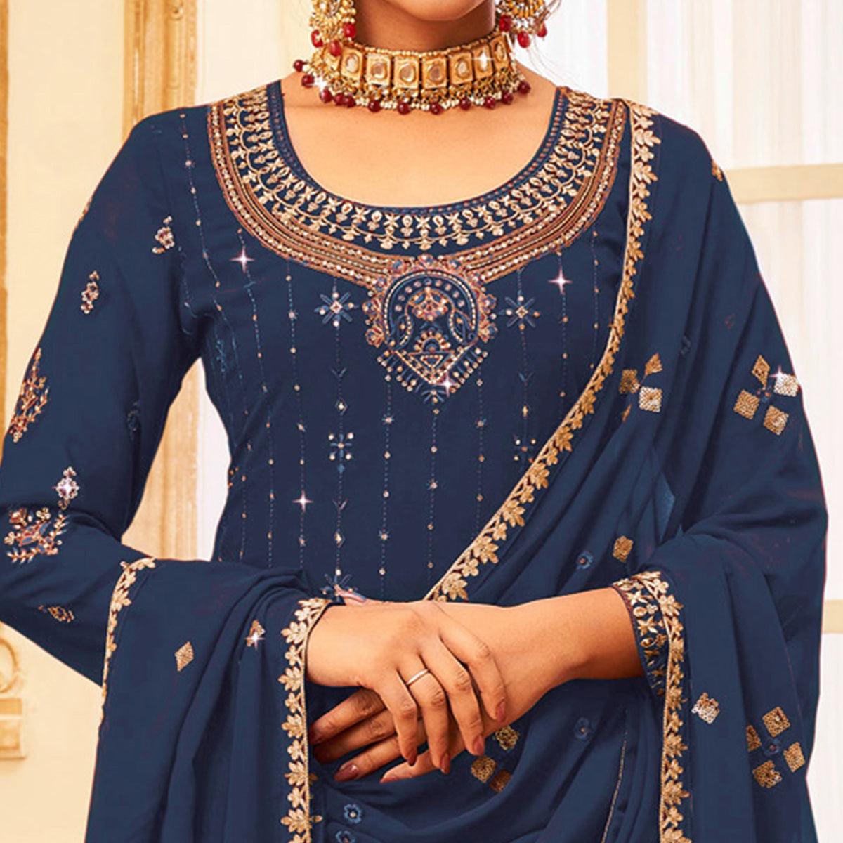 Navy Blue Embroidered With Embellished Georgette Palazzo Suit - Peachmode