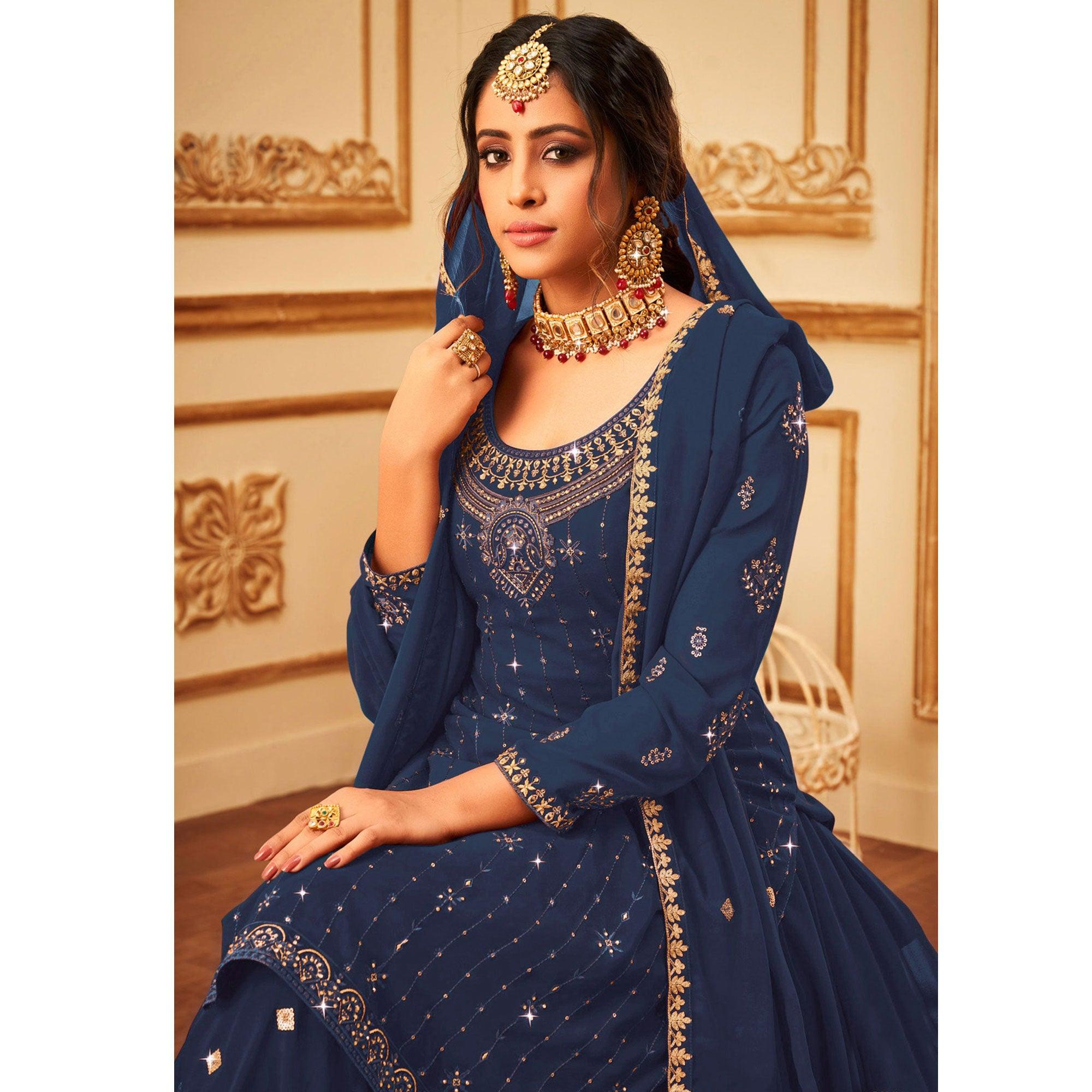 Navy Blue Embroidered With Embellished Georgette Palazzo Suit - Peachmode