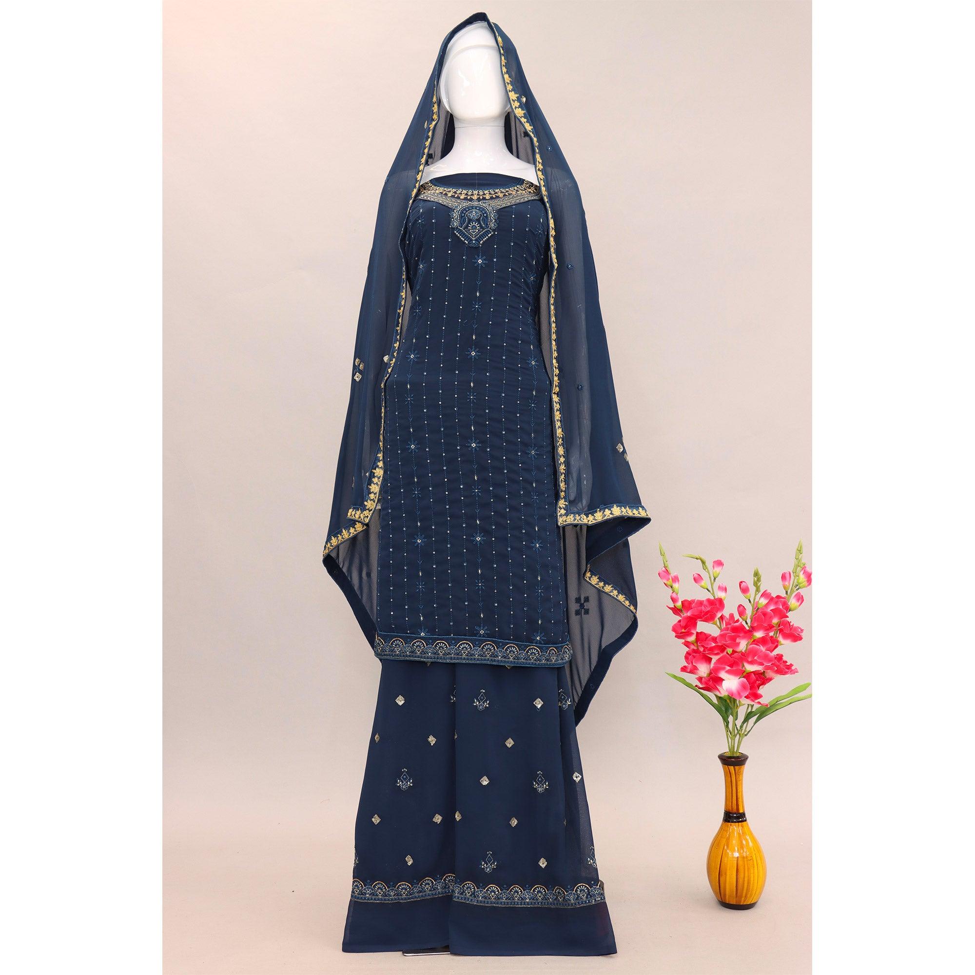 Navy Blue Embroidered With Embellished Georgette Palazzo Suit - Peachmode