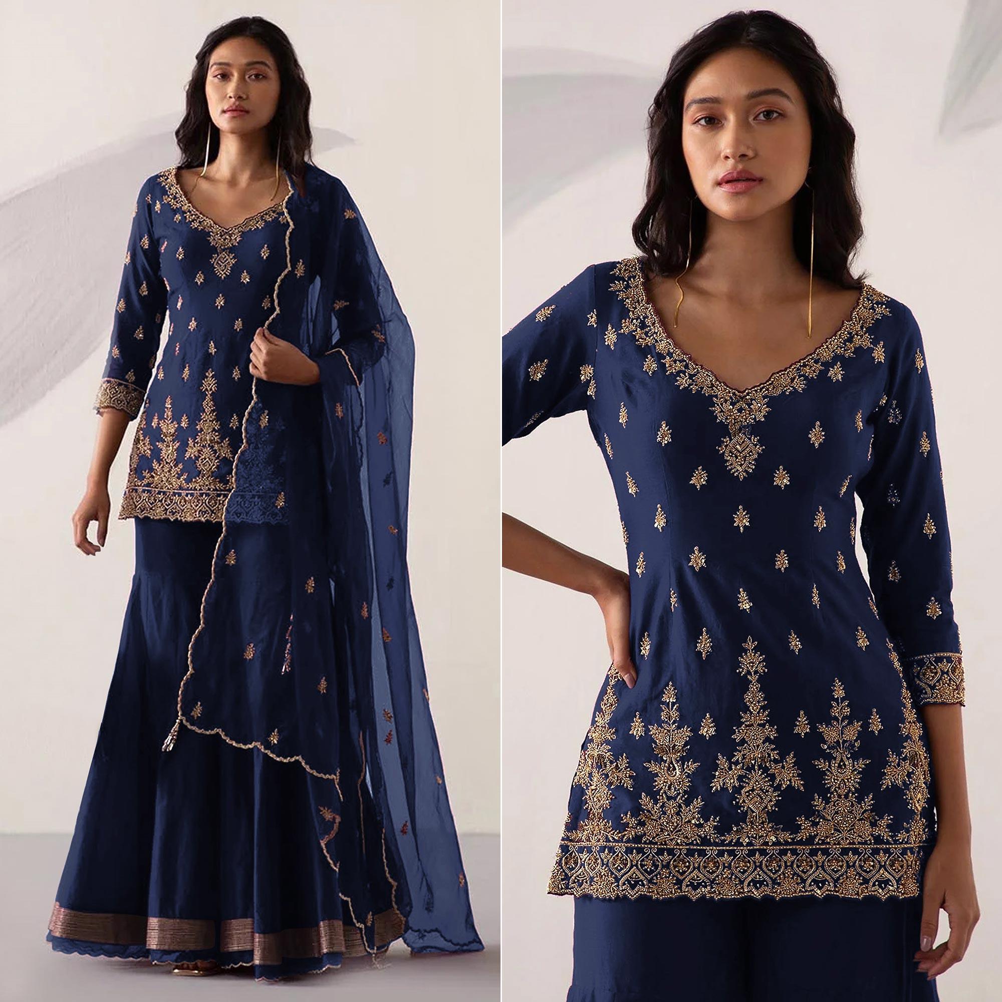 Navy Blue Embroidered With Embellished Georgette Sharara Suit - Peachmode