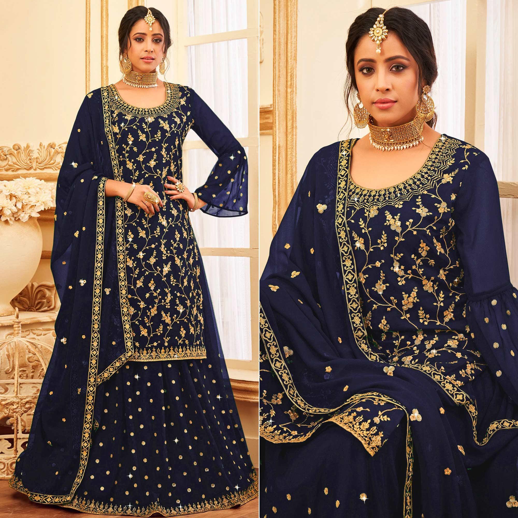 Navy Blue Embroidered With Embellished Georgette Sharara Suit - Peachmode