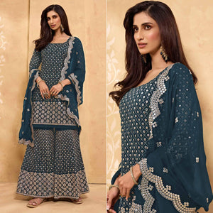 Navy Blue Embroidered With Embellished Georgette Sharara Suit - Peachmode