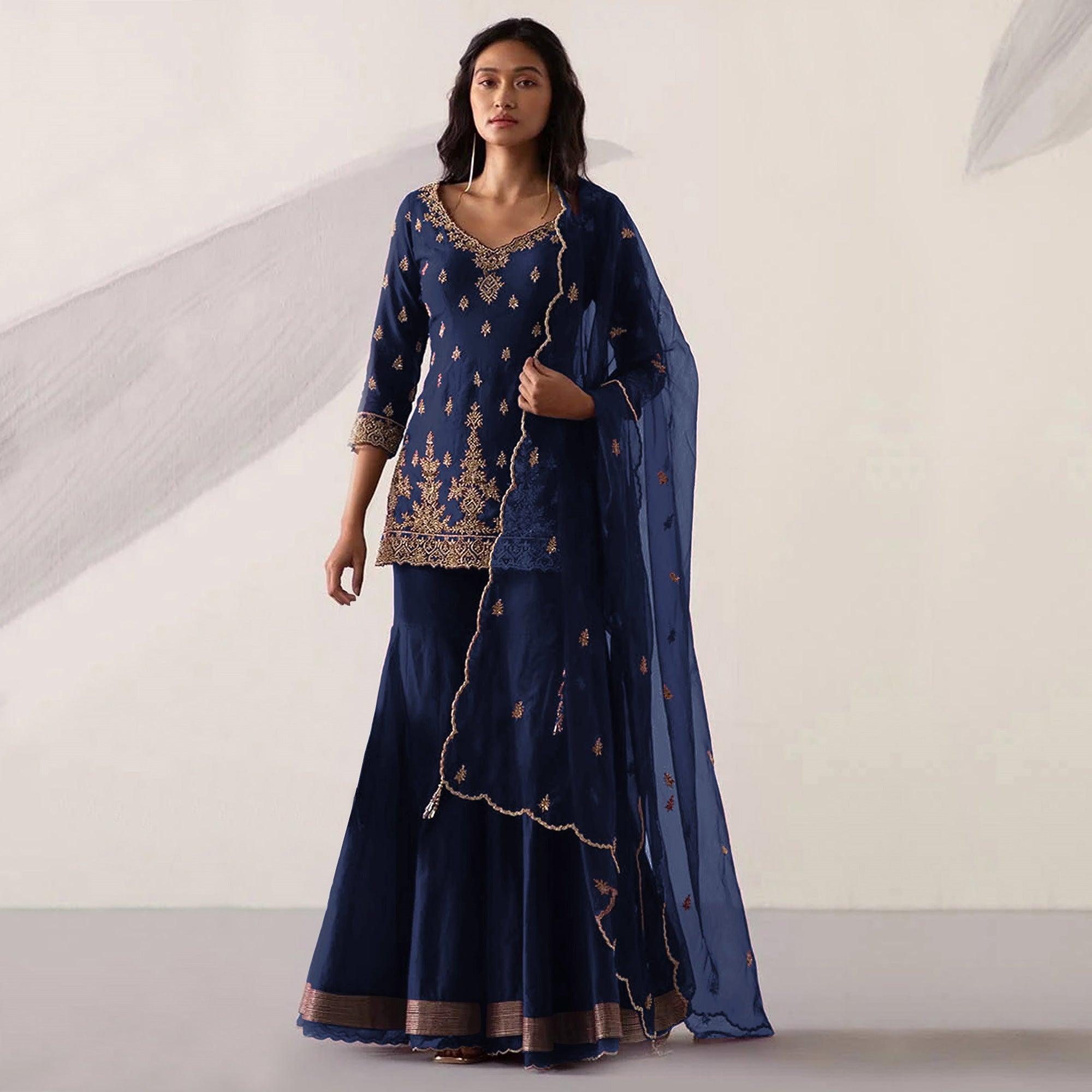 Navy Blue Embroidered With Embellished Georgette Sharara Suit - Peachmode