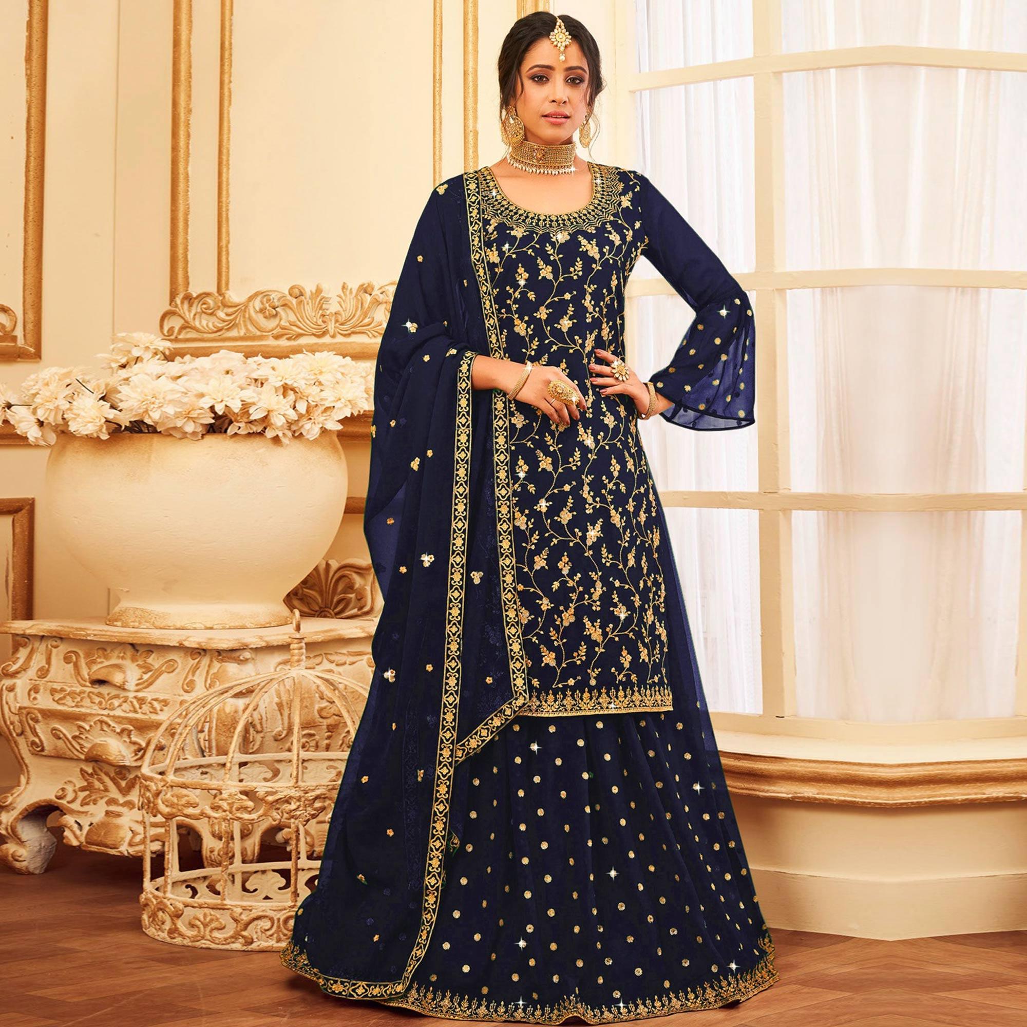 Navy Blue Embroidered With Embellished Georgette Sharara Suit - Peachmode