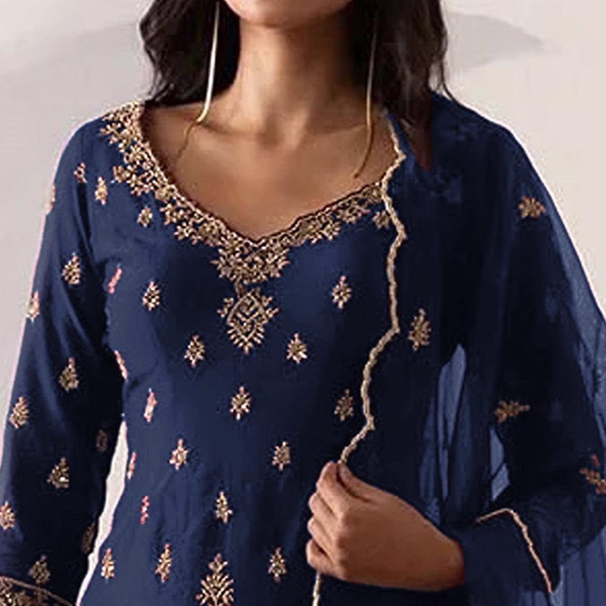 Navy Blue Embroidered With Embellished Georgette Sharara Suit - Peachmode