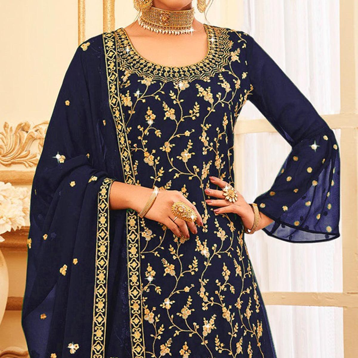 Navy Blue Embroidered With Embellished Georgette Sharara Suit - Peachmode