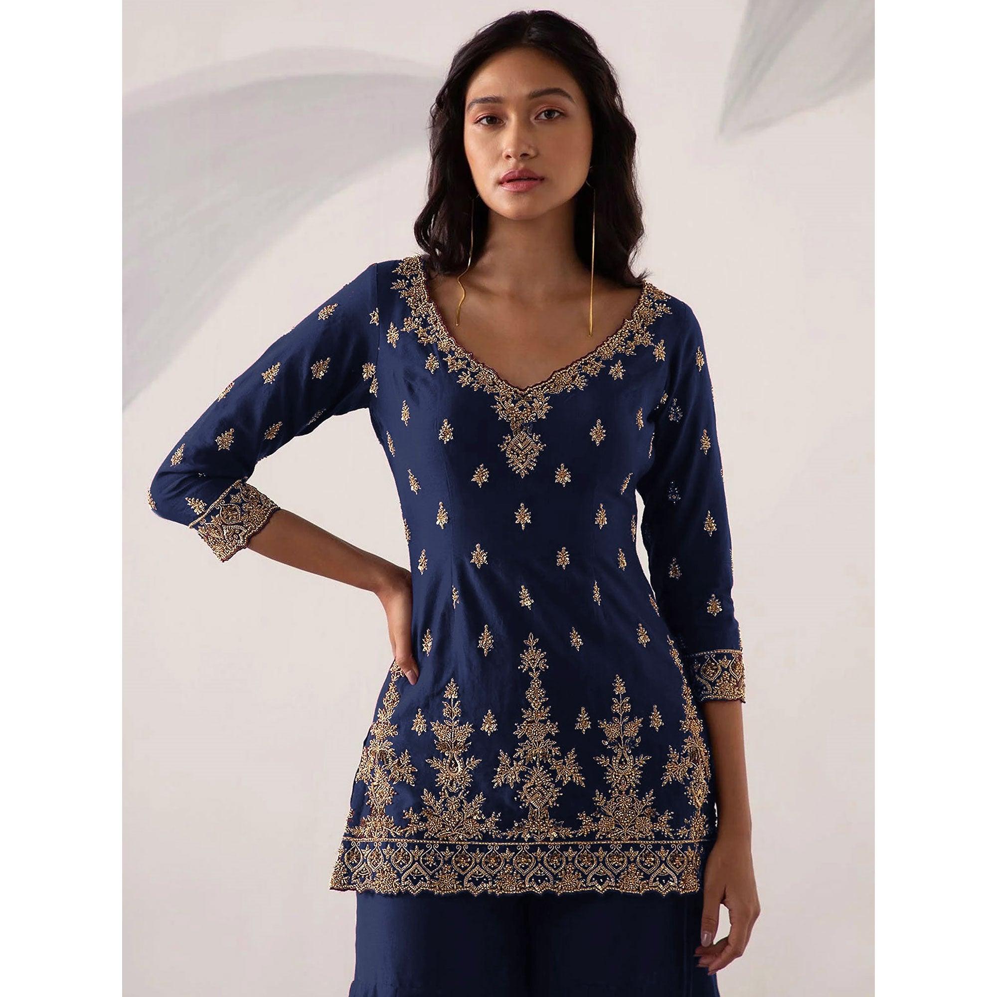 Navy Blue Embroidered With Embellished Georgette Sharara Suit - Peachmode